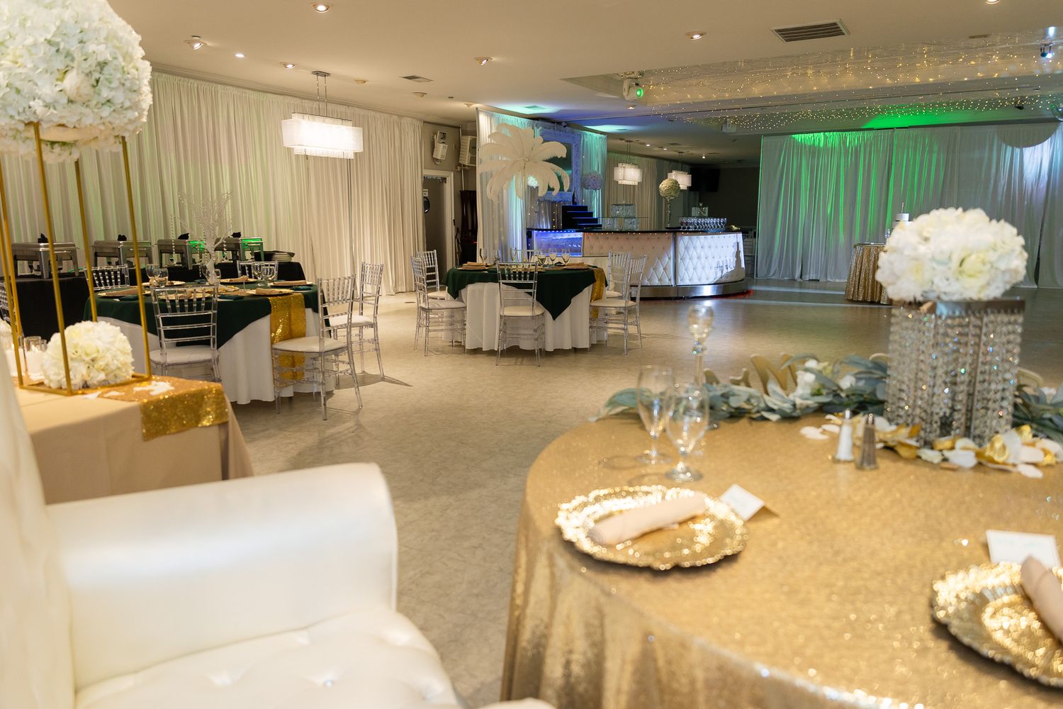 Ballroom reception at Pristine Chapel with elegant décor