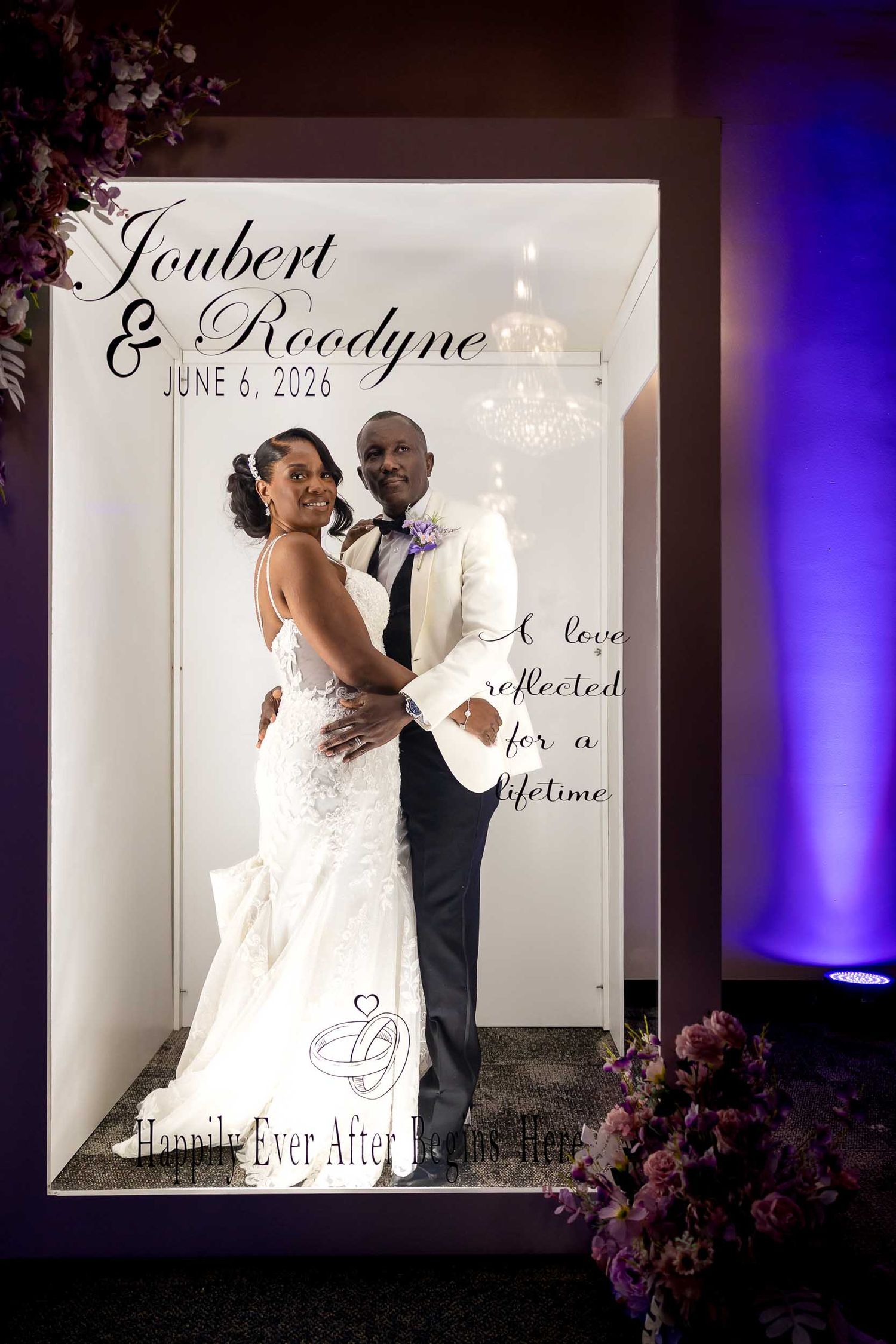 Joubert and Roodyne wedding photo booth portrait dated June 6, 2026 with love quote overlay.