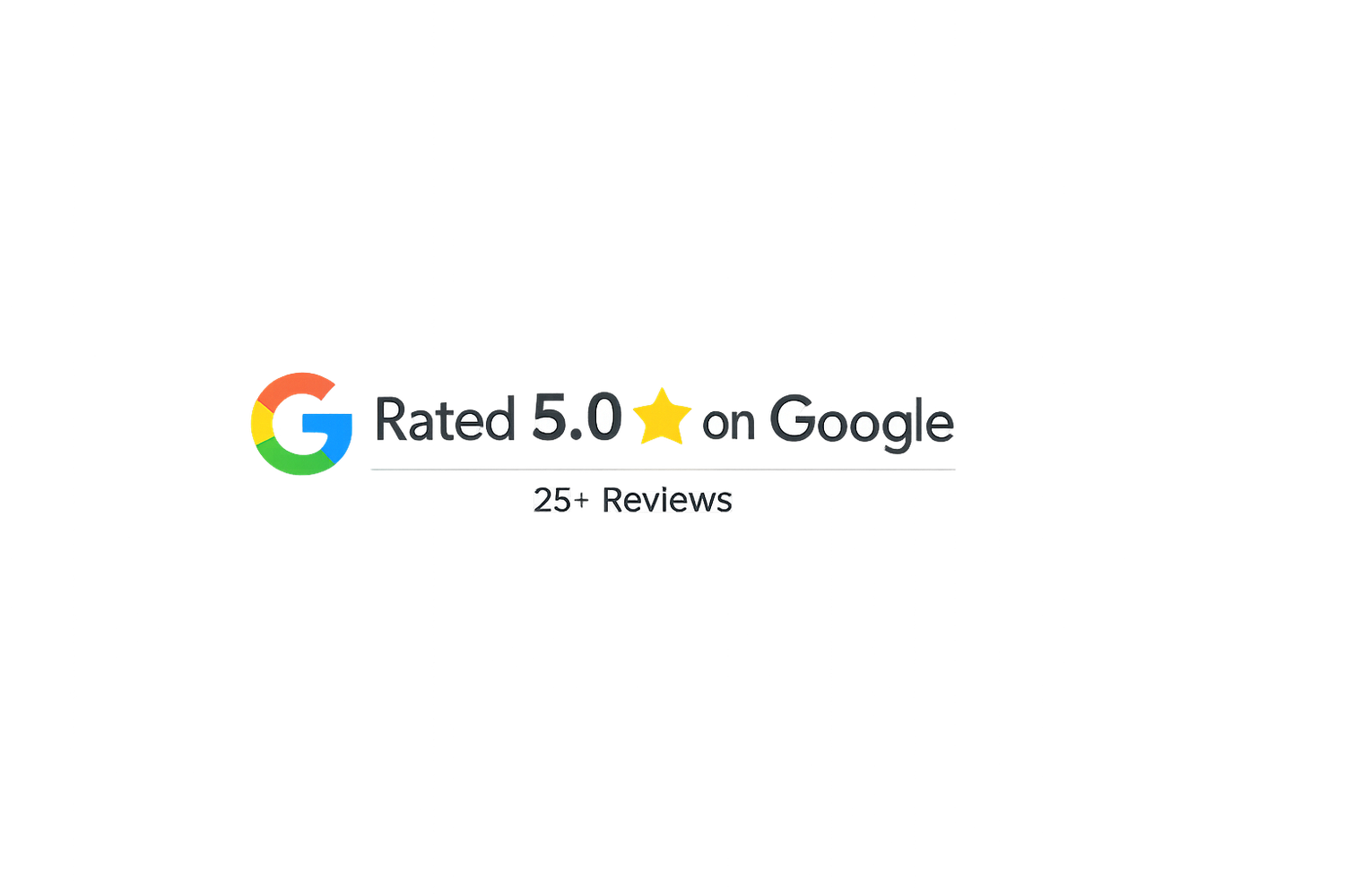 Google rating badge showing 5.0 stars with 25+ reviews for a top-rated business on Google.