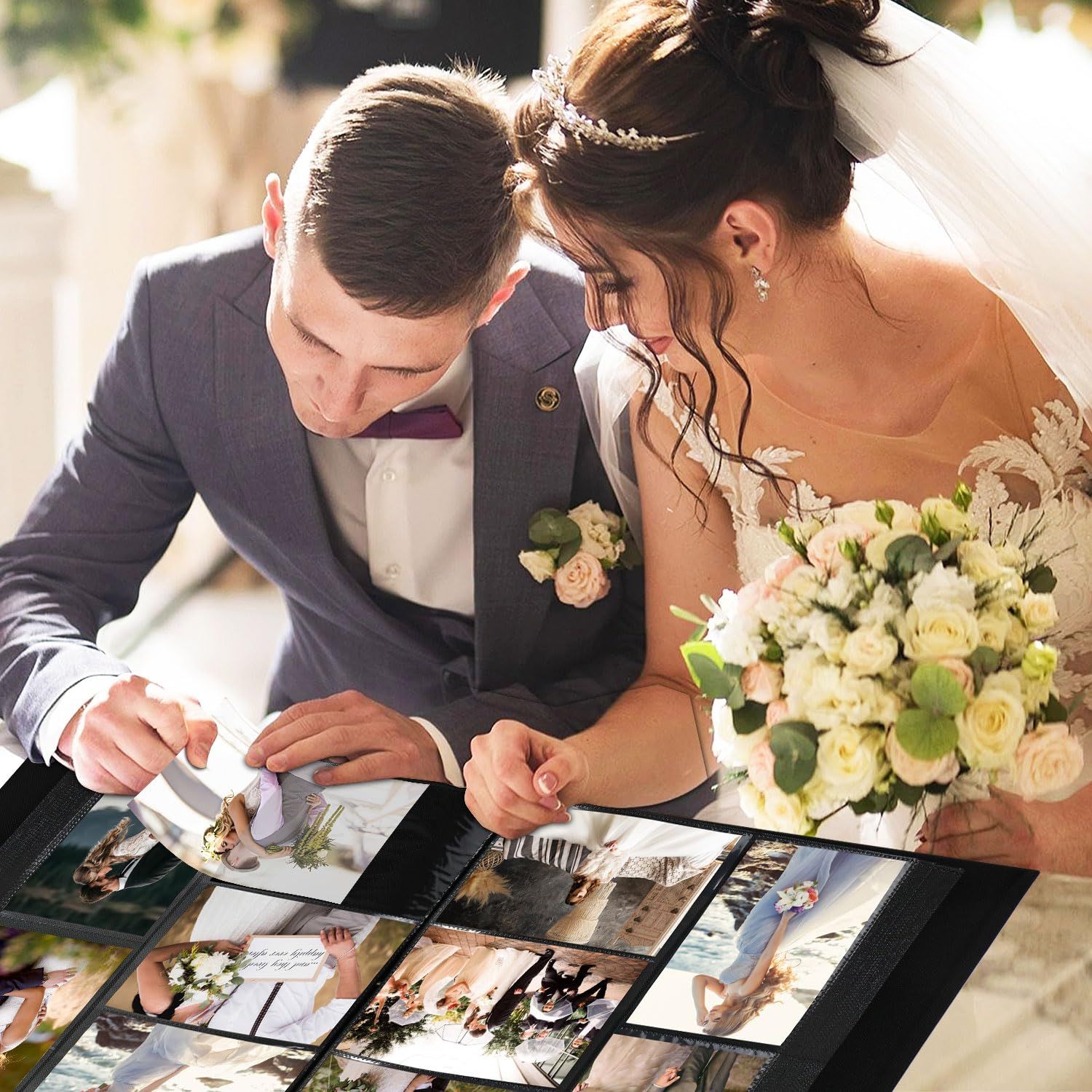 Bride and groom reviewing their wedding photo album together, showcasing beautiful ceremony and reception photos.