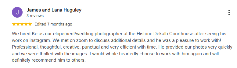 Five-star Google review praising a wedding photographer at Historic Dekalb Courthouse for professionalism and quick delivery.