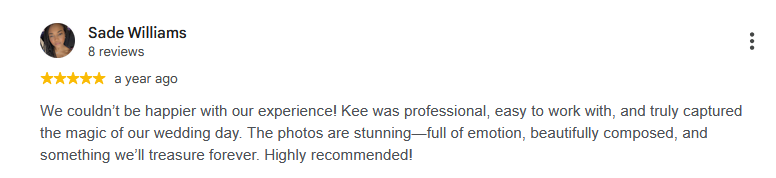 Five-star Google review praising professional wedding photographer Kee for stunning, emotional, beautifully composed photos.