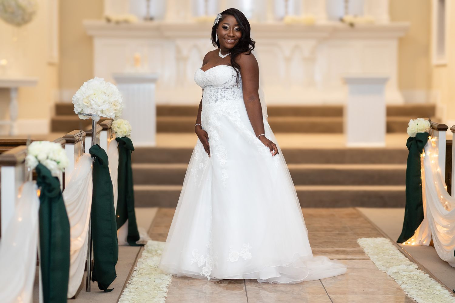 Elegant bridal portrait inside Pristine Chapel with soft natural light
