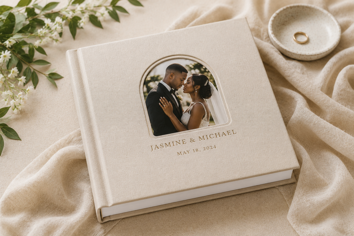 Elegant linen wedding photo album personalized with couple names Jasmine & Michael and wedding date.