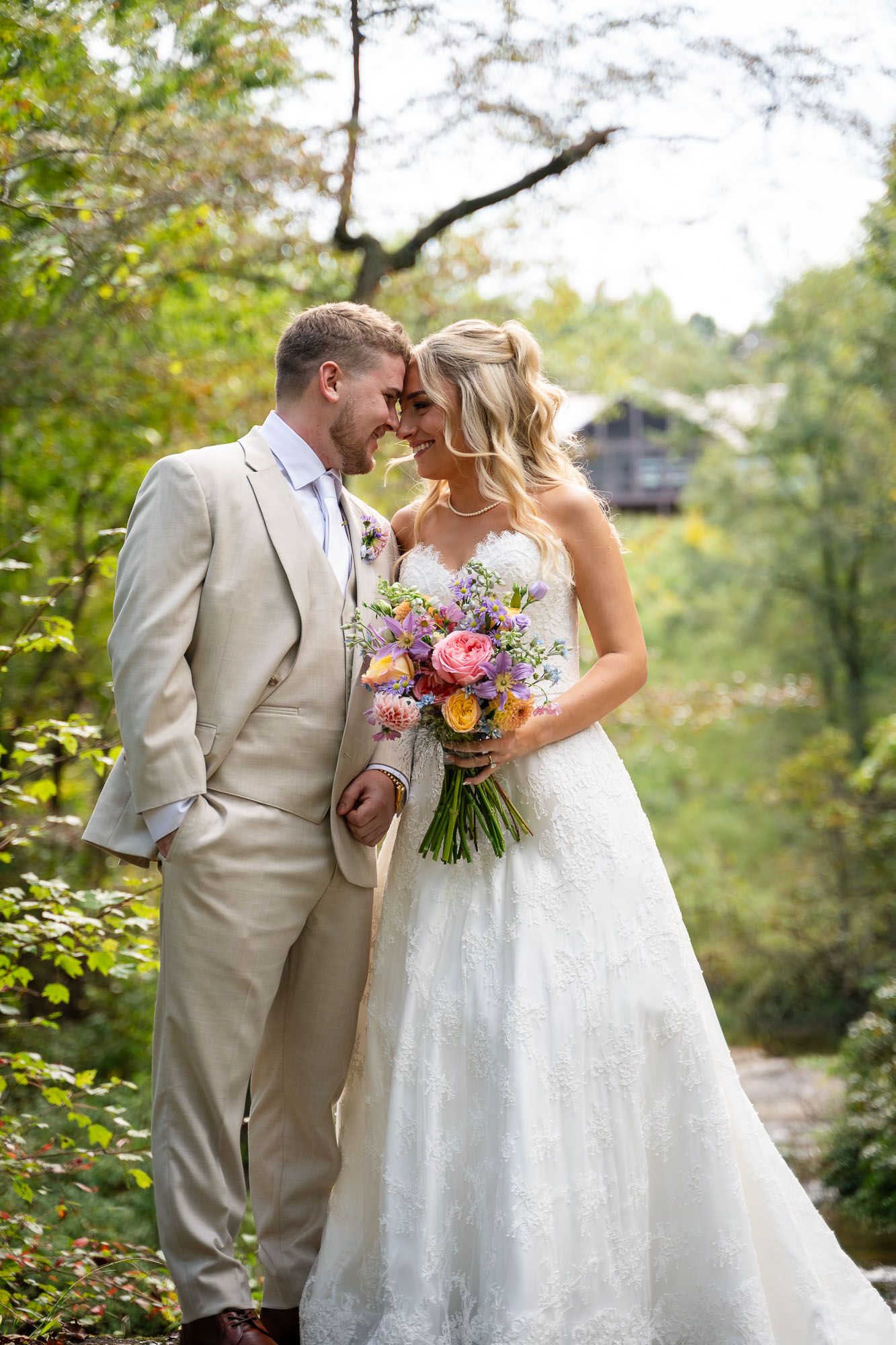 A romantic wedding couple shares intimate moments in Ellijay Georgia