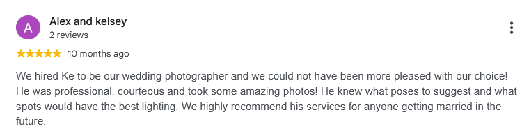 5-star Google review praising a professional wedding photographer for poses, courtesy, and lighting expertise.