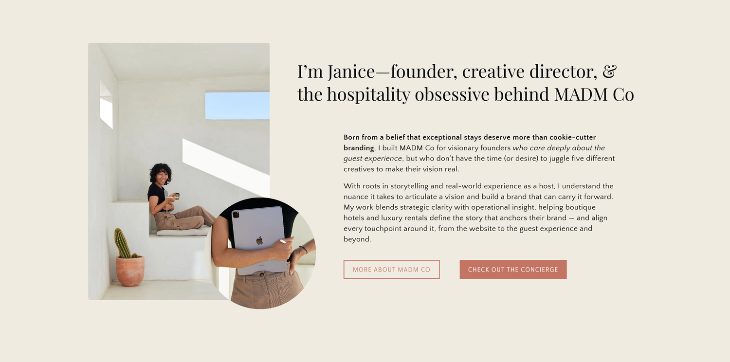 A series of minimalist website screenshots showing clean layouts with text and white space.
