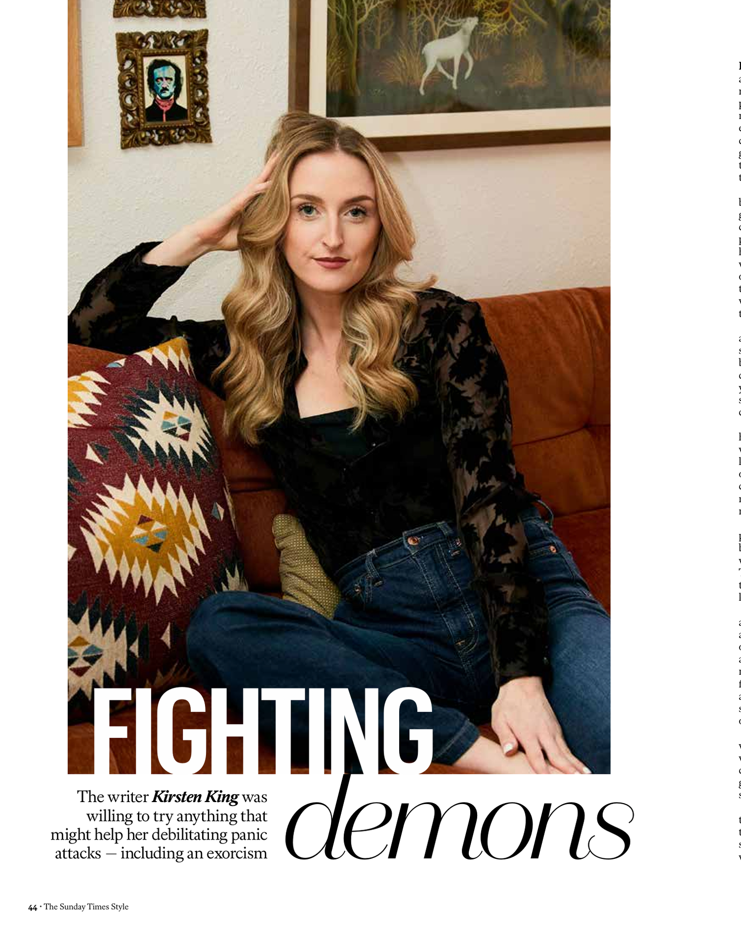 Writer Kirsten King poses on a sofa for Sunday Times Style magazine feature titled Fighting Demons about panic attacks.