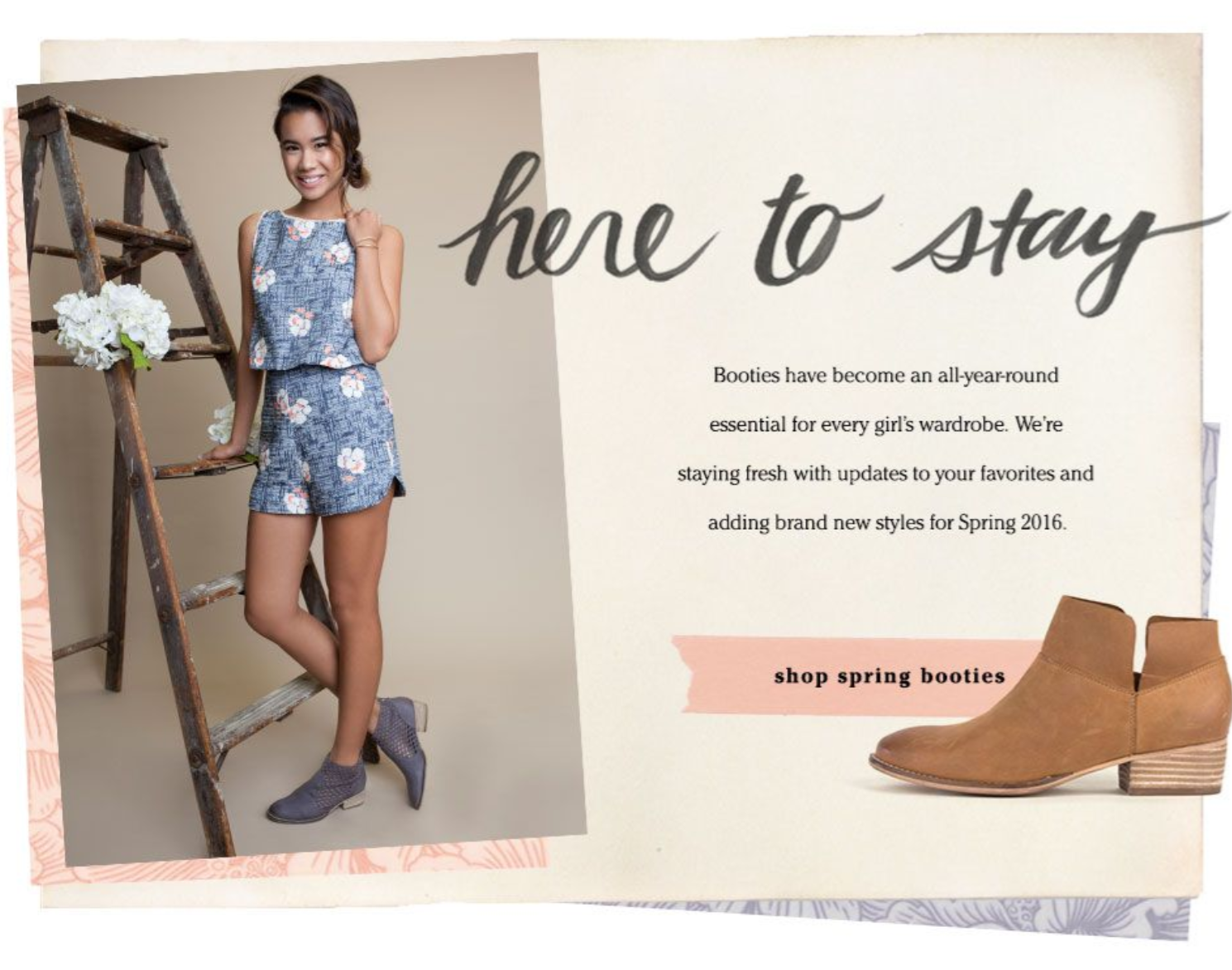Spring fashion boutique advertisement featuring floral romper and ankle boots.