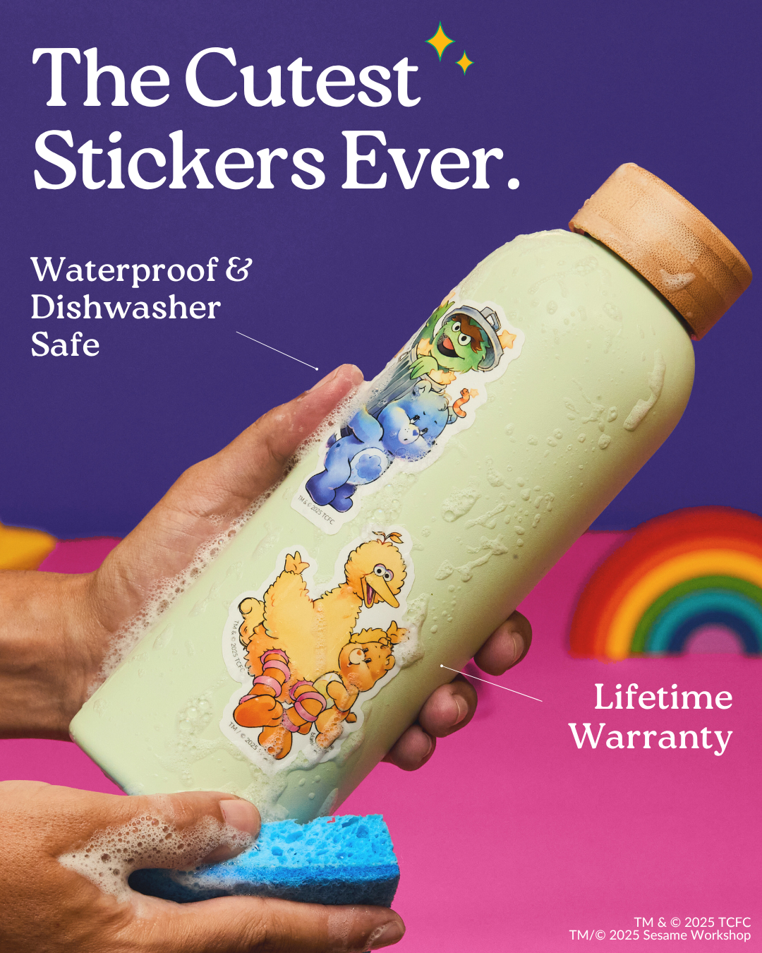 Advertisement for waterproof and dishwasher-safe decorative stickers featuring cute Care Bears designs on a water bottle.