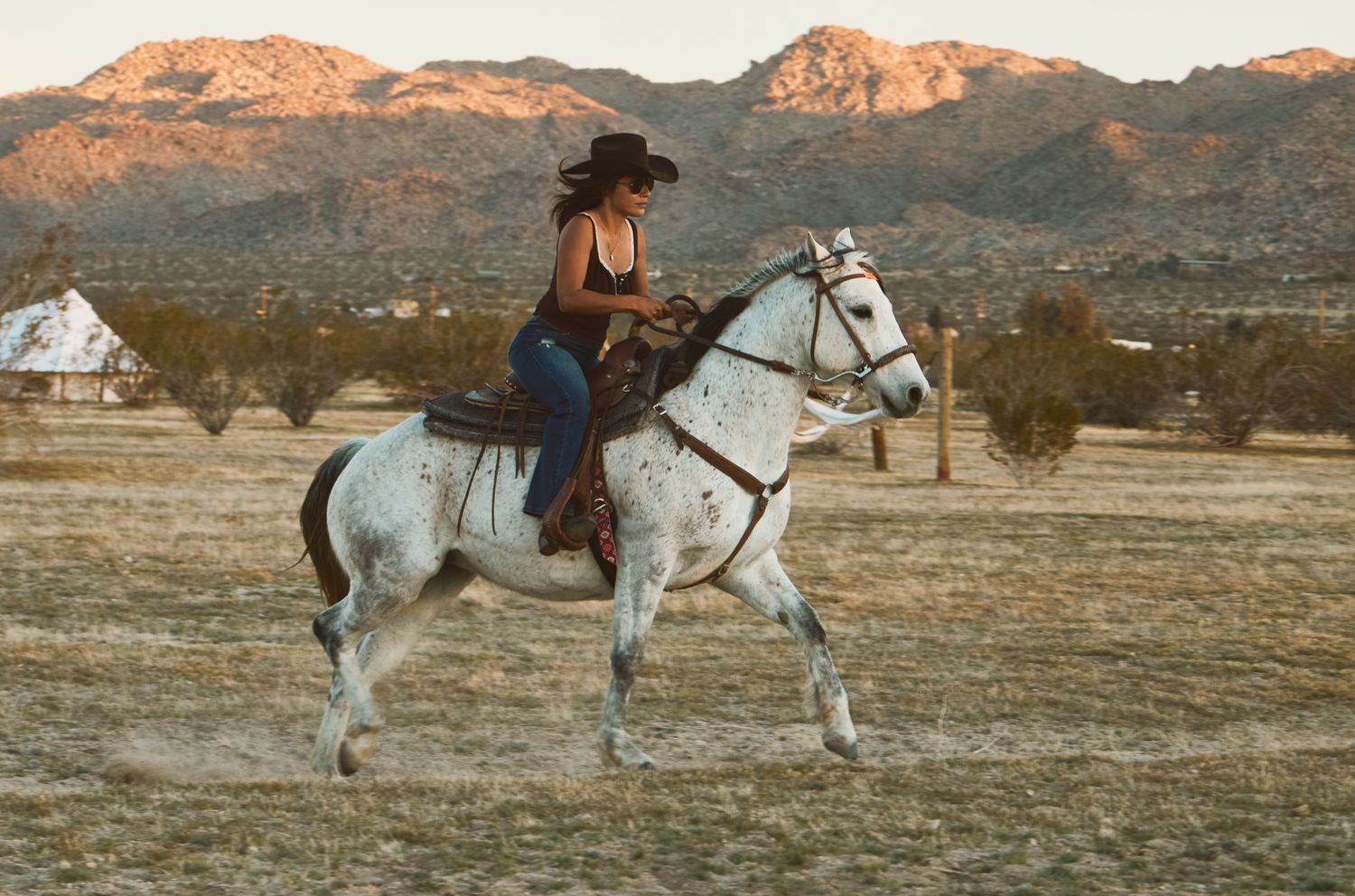 A series of photos showing a rider on a white horse galloping across a desert landscape with mountains in the background.