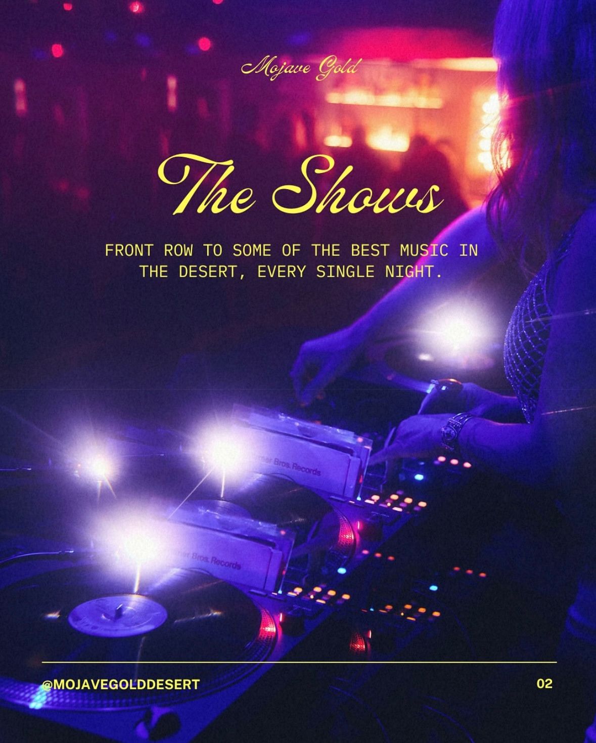 A dimly lit concert stage with microphone and purple lighting showing 'The Shows' text overlay for desert music performances.