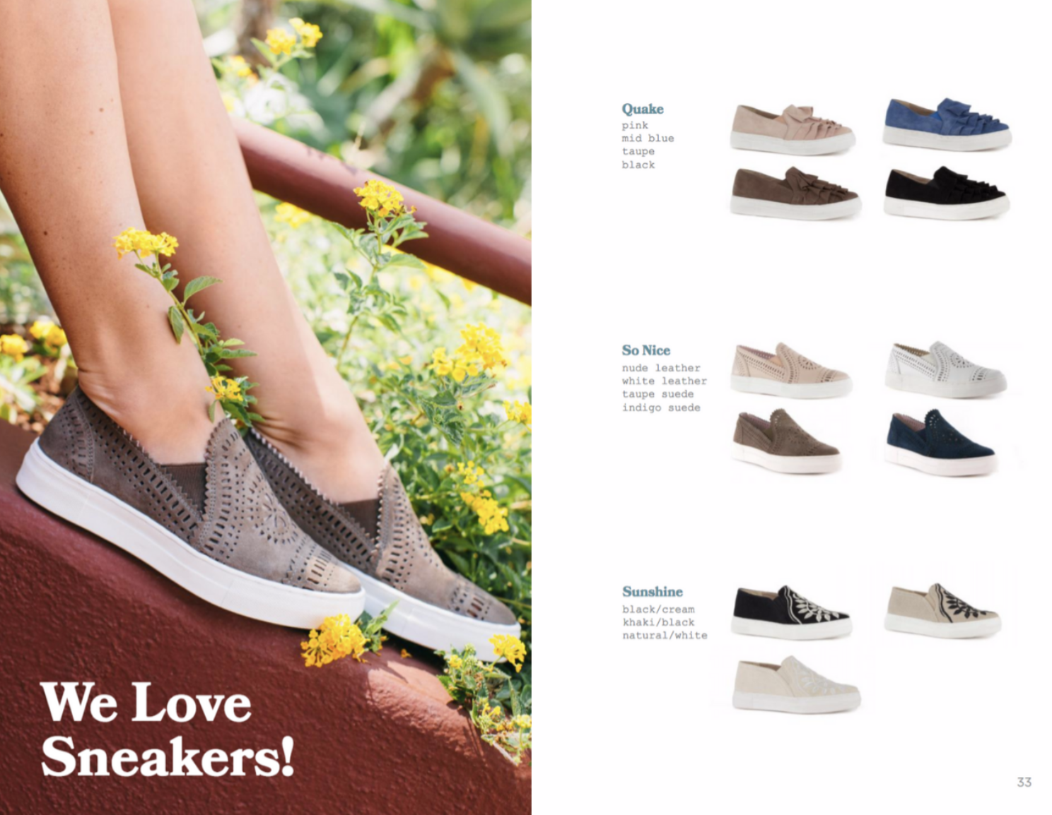 Product layout featuring casual sneakers with a lifestyle photo of feet in gray sneakers among yellow flowers.