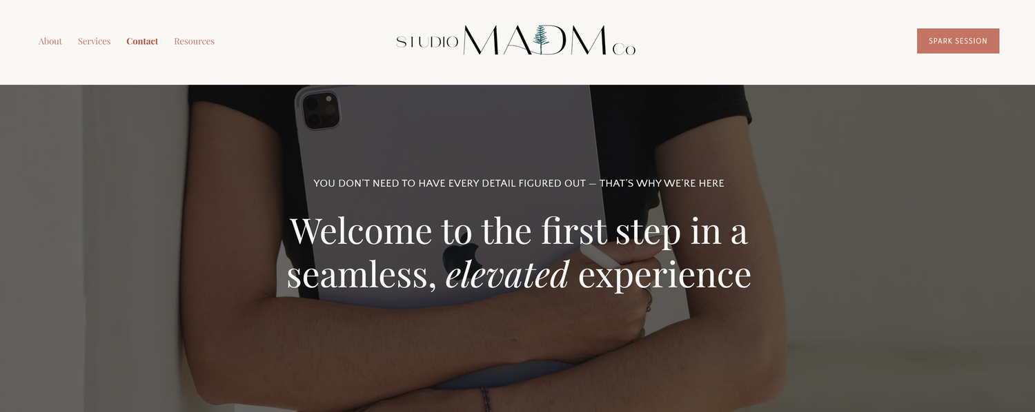 Three connected website screenshots showing a modern minimalist design with white backgrounds and dark text.