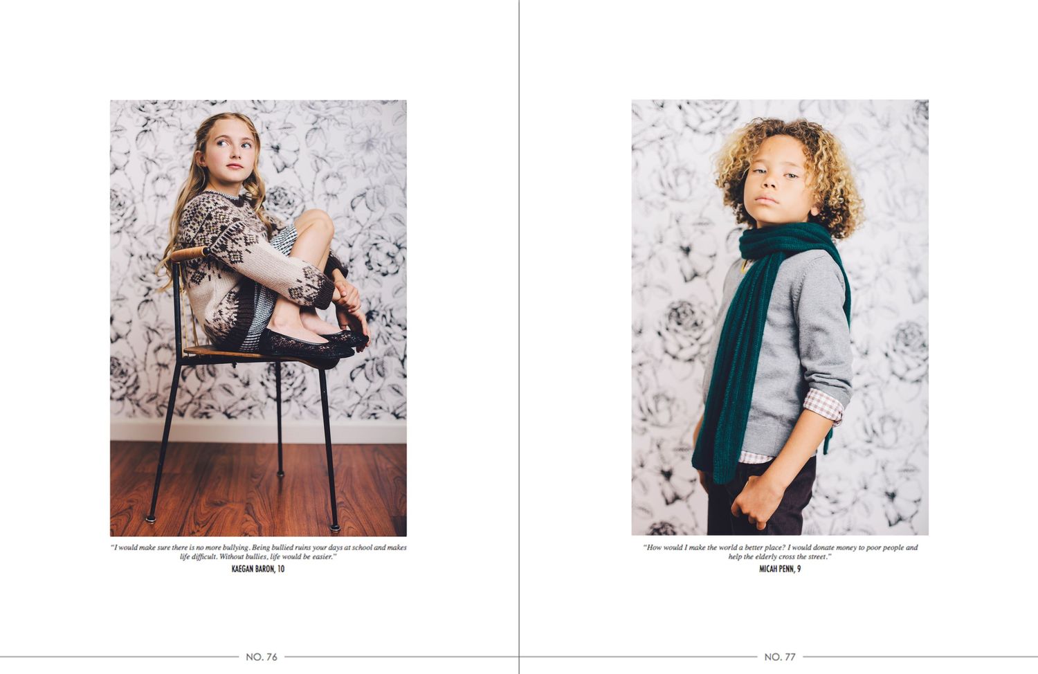 Two editorial-style fashion photos against a textured wall backdrop showcase young models wearing casual winter clothing.