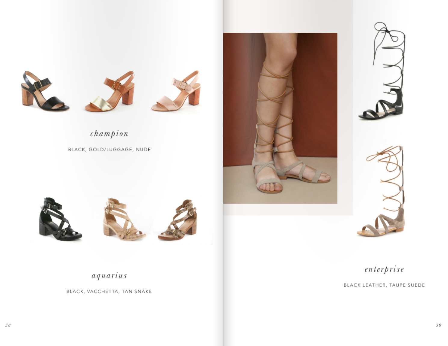 Catalog page displaying various women's sandals including gladiator styles and heeled options in neutral colors.