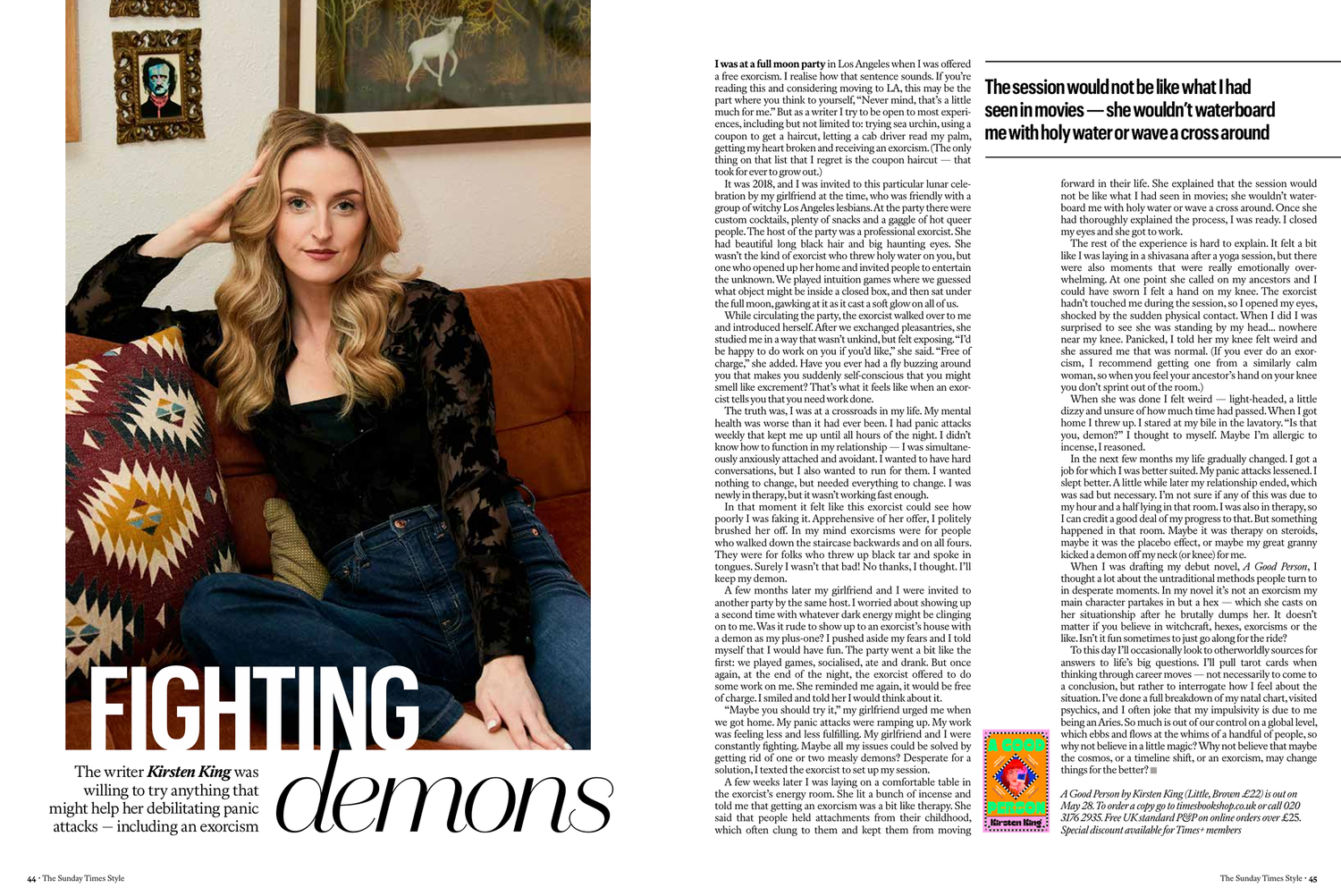 Magazine spread featuring actress Kiernan Shipka with blonde hair, wearing a black top, beside bold text reading Fighting Demons.