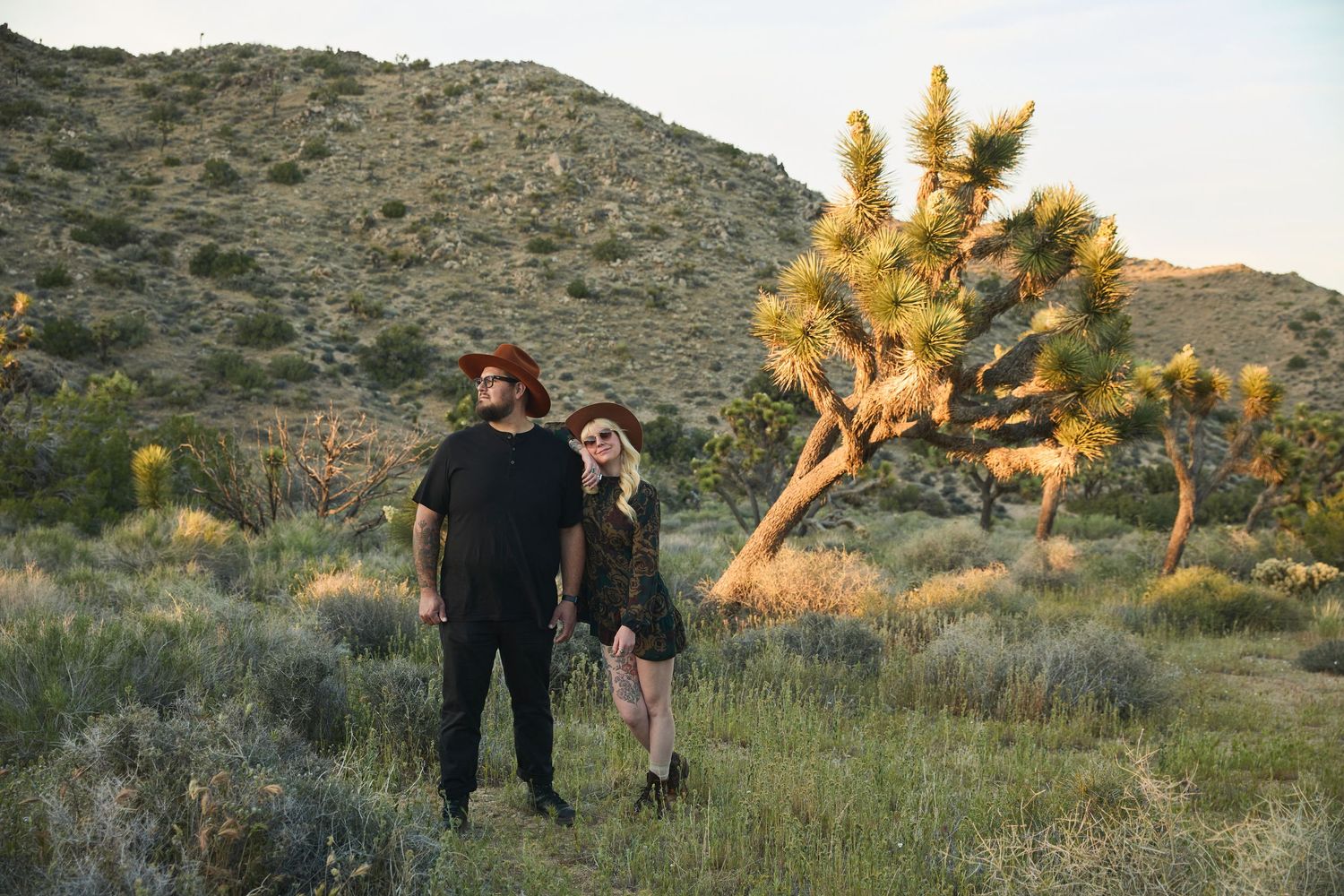 A couple stands among desert shrubs and a Joshua tree at golden hour in a scenic arid landscape.