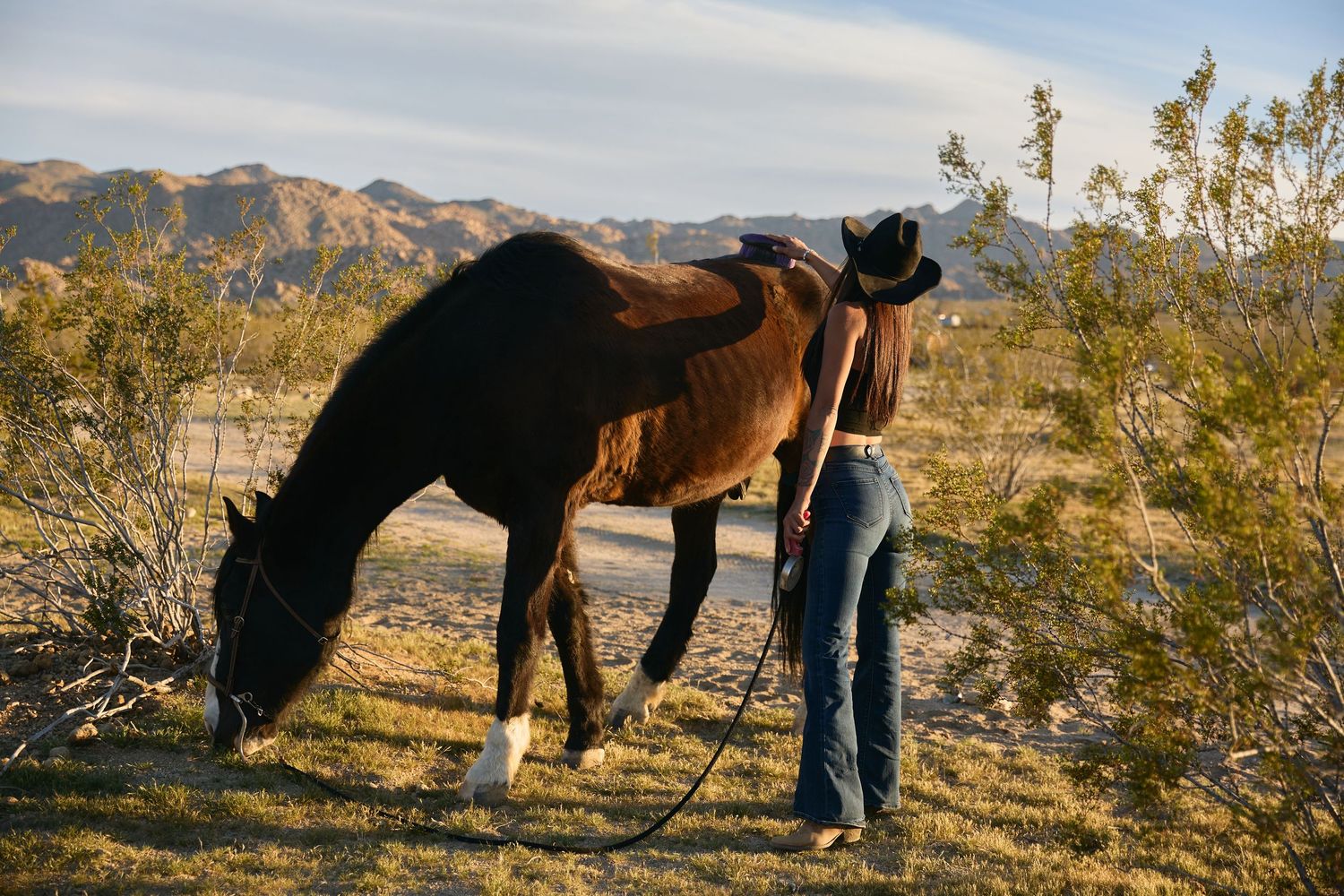 Woman in cowboy hat standing beside a brown horse grazing in a desert landscape with mountains.