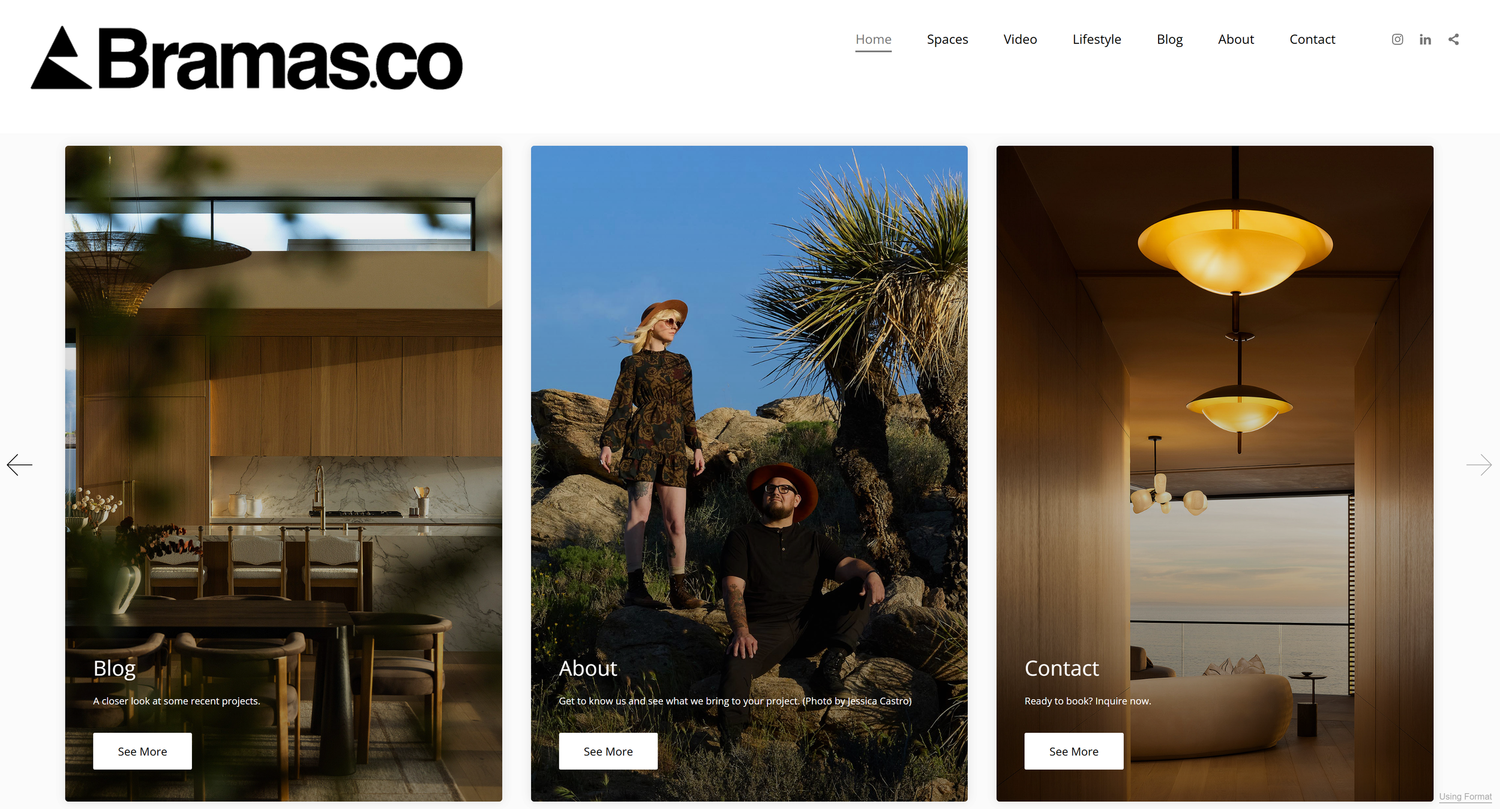 Modern interior design website showcasing architecture, fashion, and lighting in a sleek grid layout.