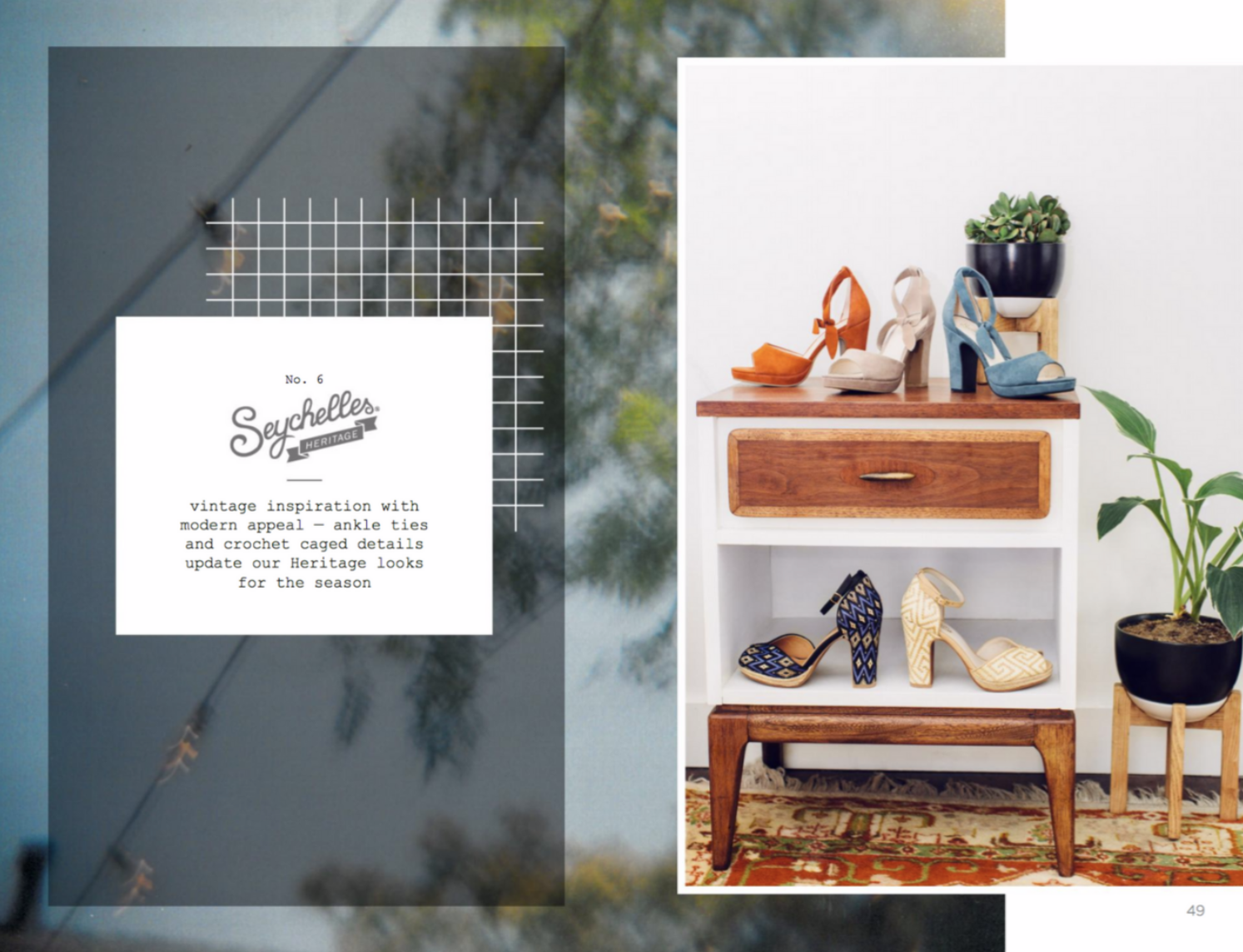 Contemporary wooden shoe storage unit with drawer displaying heels and footwear against a wall with plants.