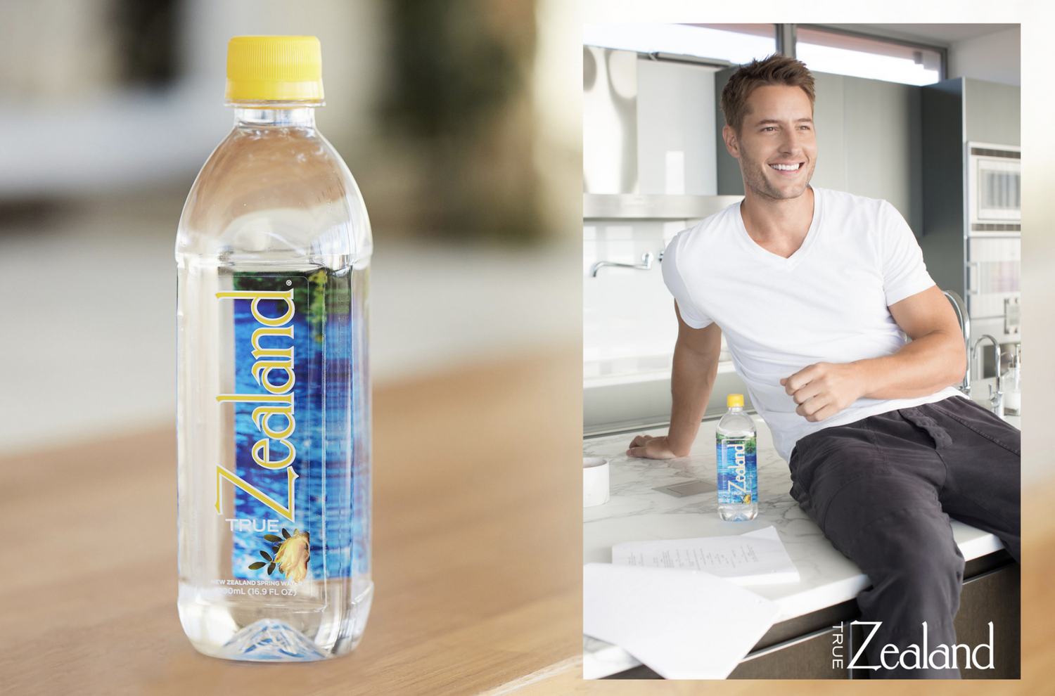 Product photography of water bottle next to lifestyle photo in kitchen setting.