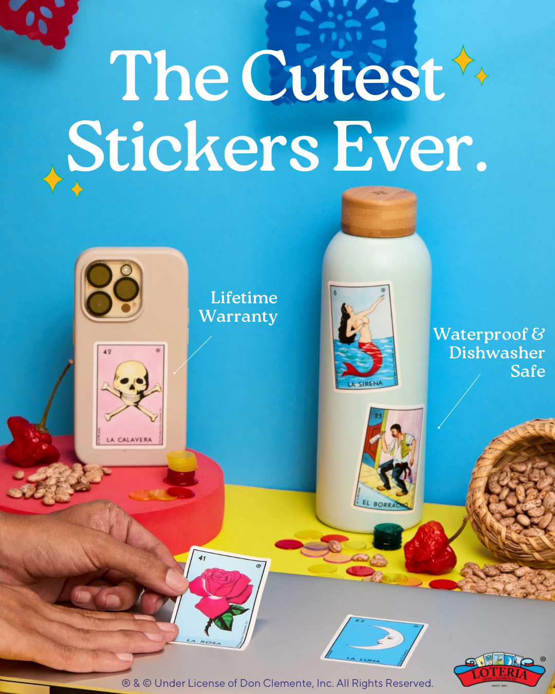 Product demonstration showing how to apply decorative stickers to phones and other items on blue and yellow backdrop.