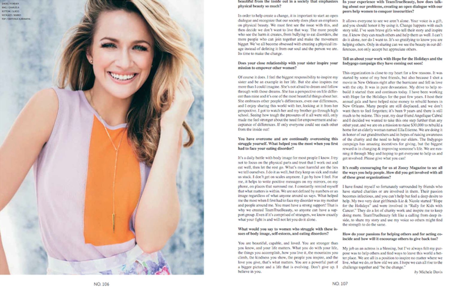 Magazine spread shows article text on right page next to lifestyle photo on left against white background.