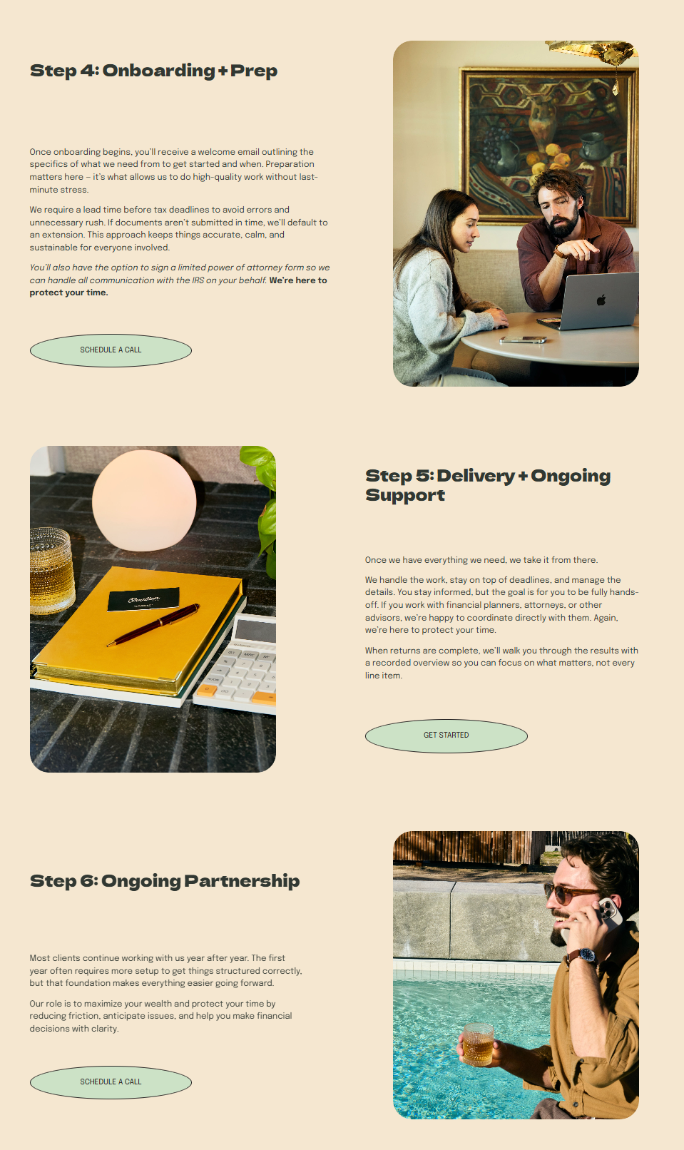 Business presentation slides showing onboarding steps with lifestyle photography and text layouts in a modern design style.