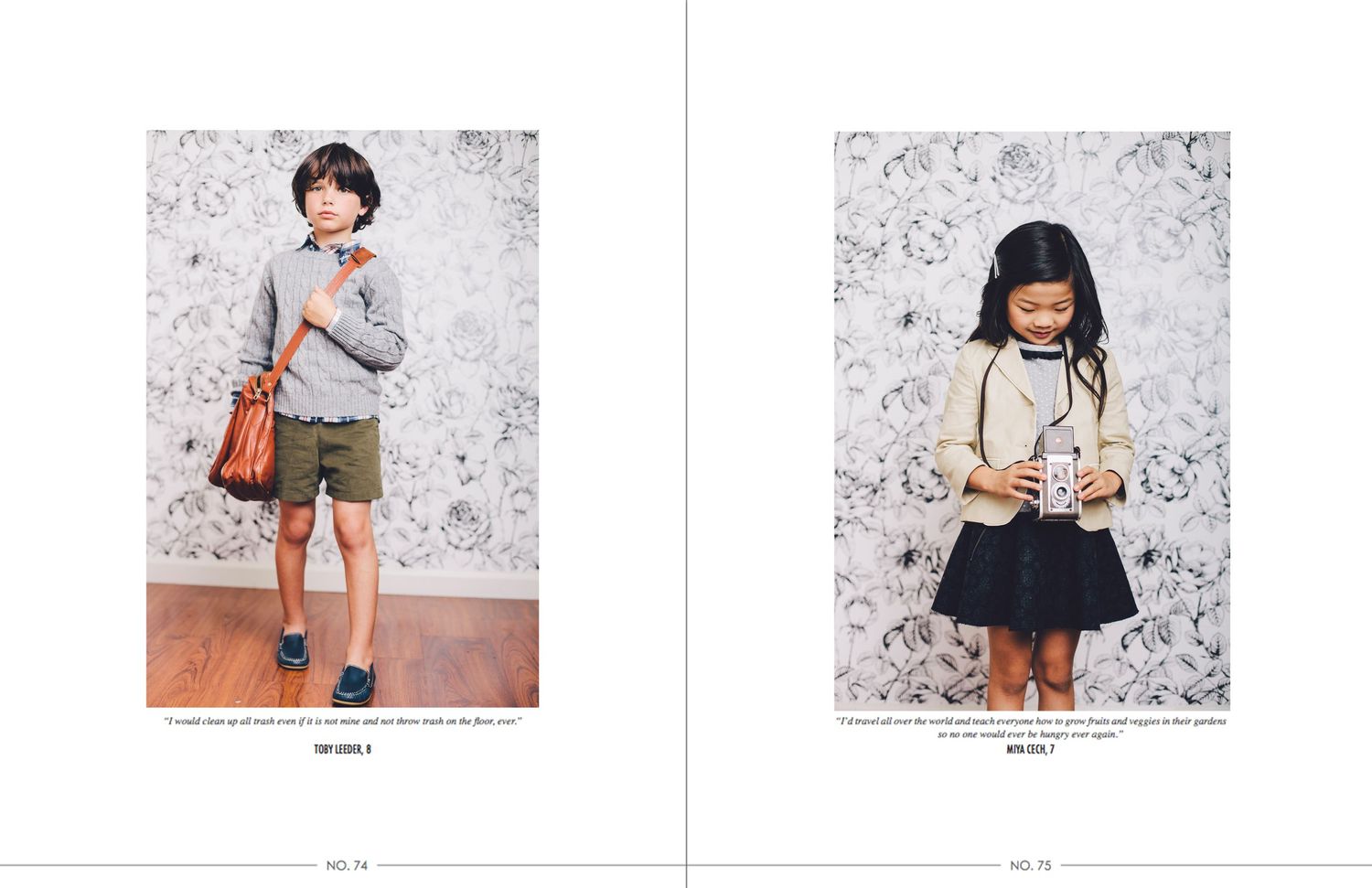 Two lifestyle fashion photos show children in casual outfits against a textured wall background.