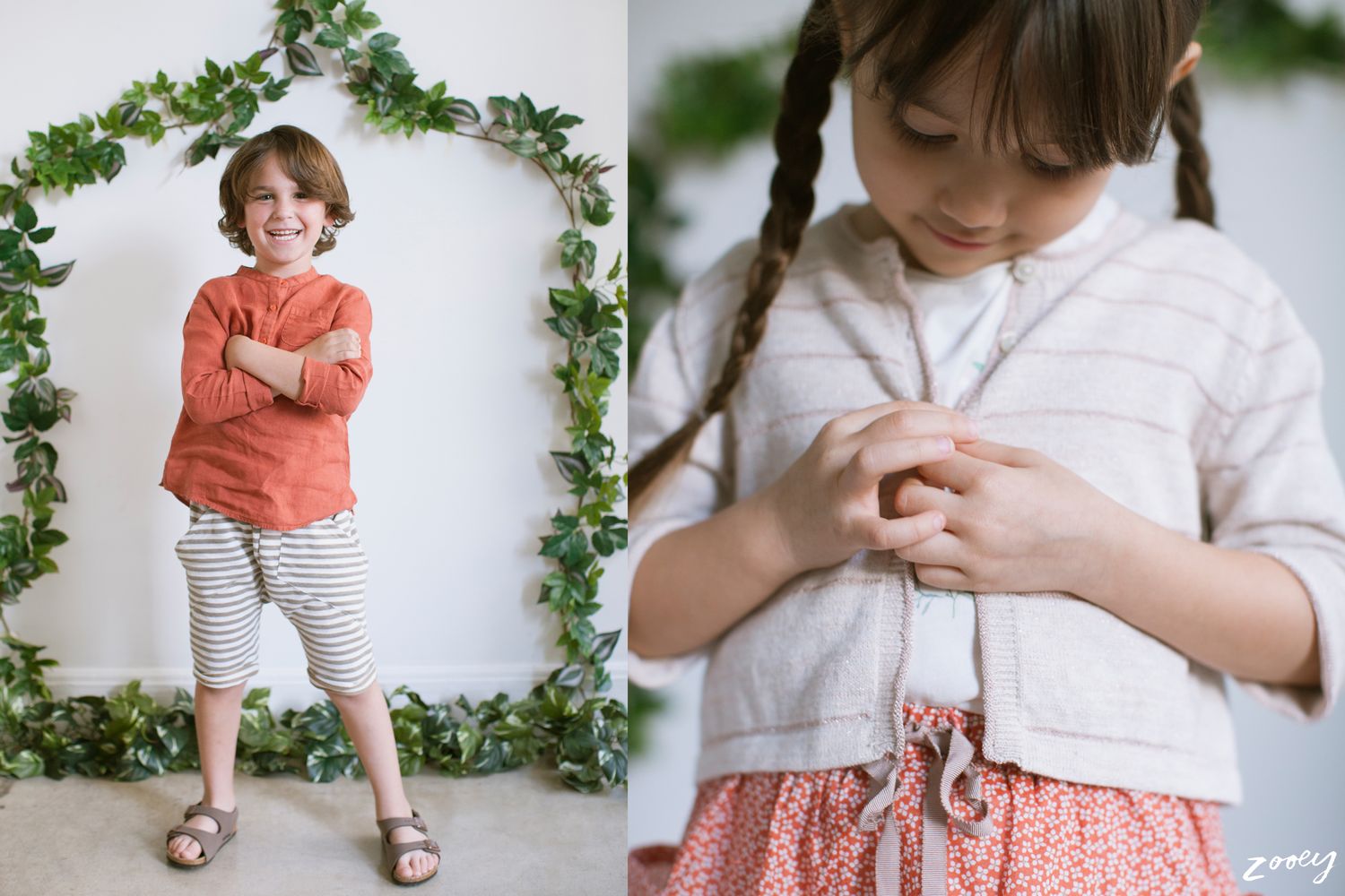 Two side-by-side images showing children in spring outfits posing against light backgrounds with floral accents.