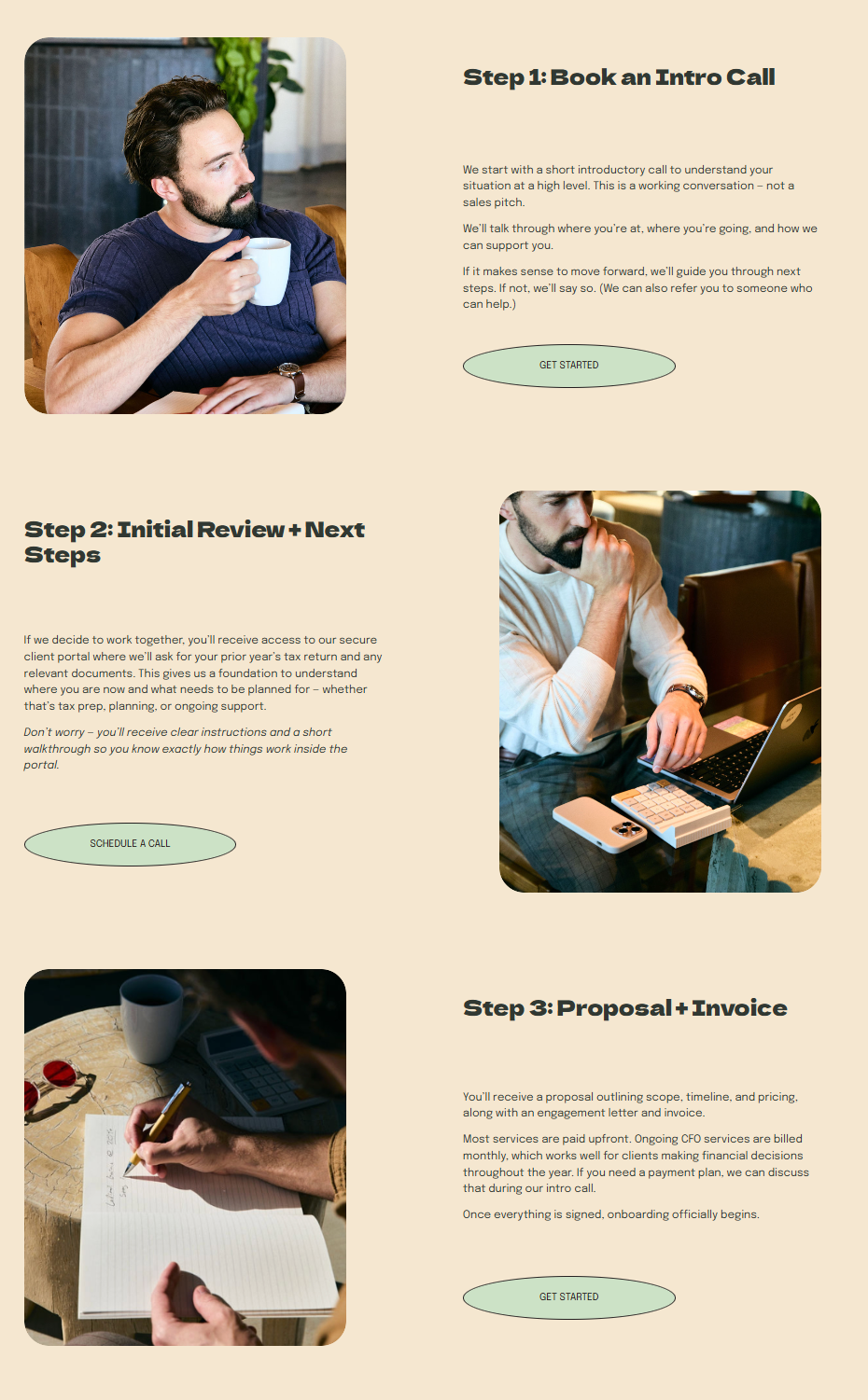 A business website layout showing steps of a proposal process with mint green buttons and laptop workspace photos.