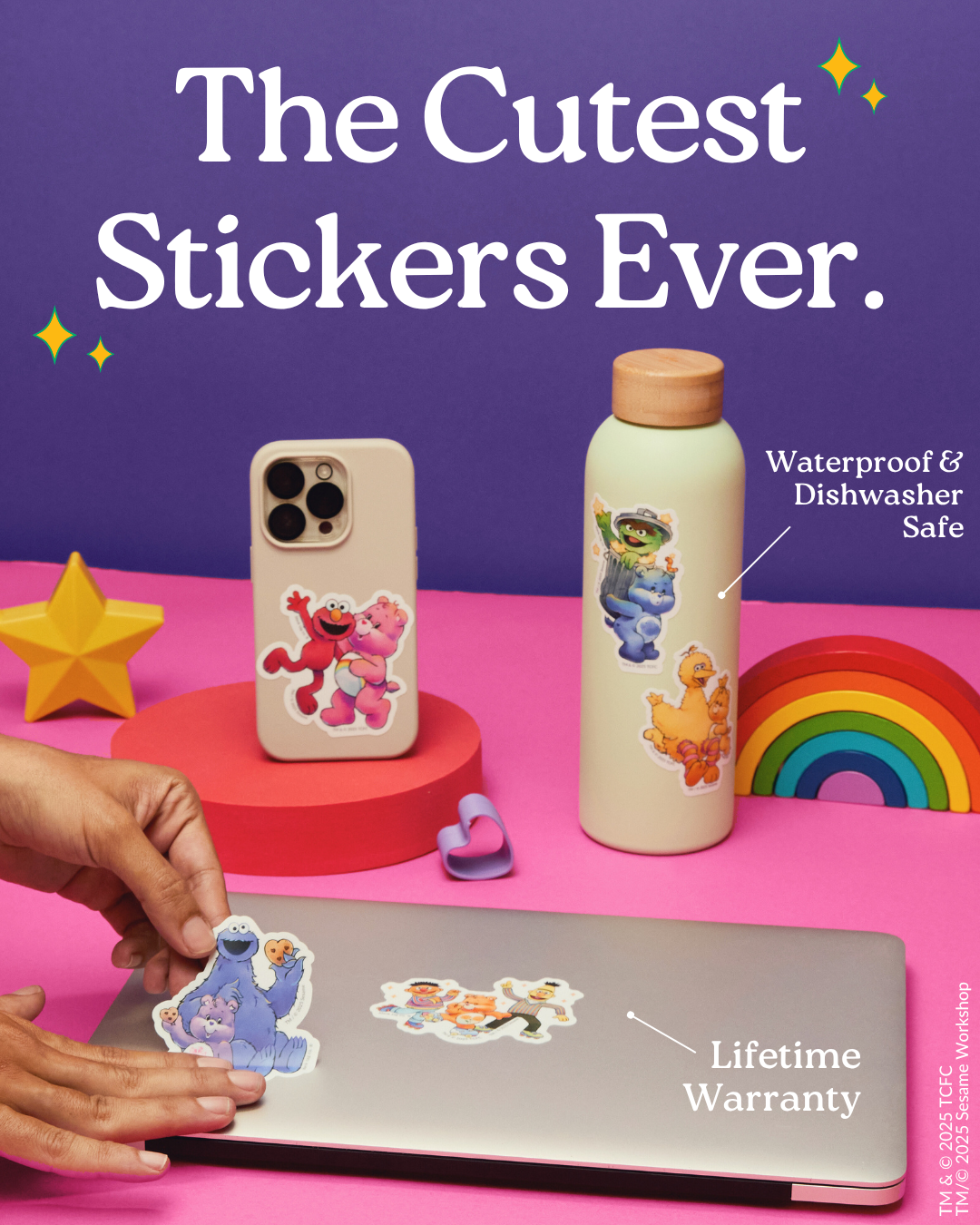 Colorful marketing image showing stickers being applied to electronic devices with rainbow and star decorations on pink background.