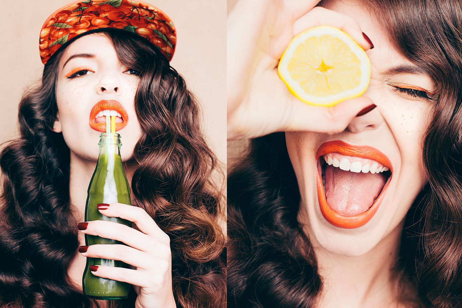Diptych showing person drinking from green bottle and holding orange slice over eye while laughing.