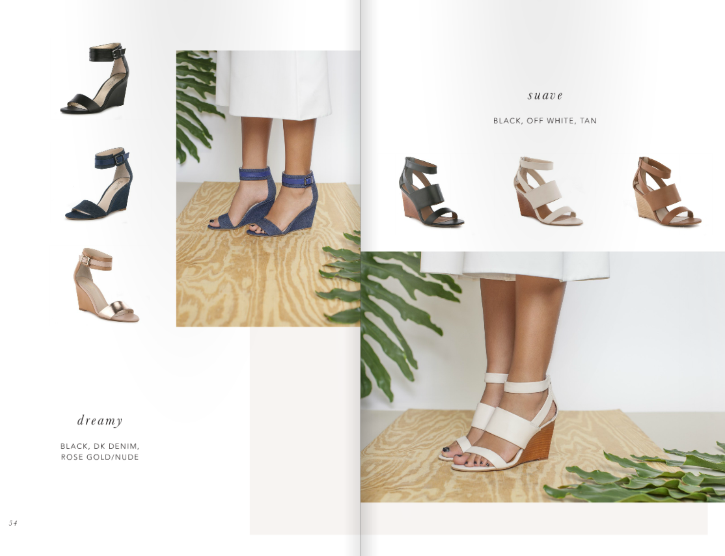 Fashion footwear collection layout showing sandals with tropical leaf styling.
