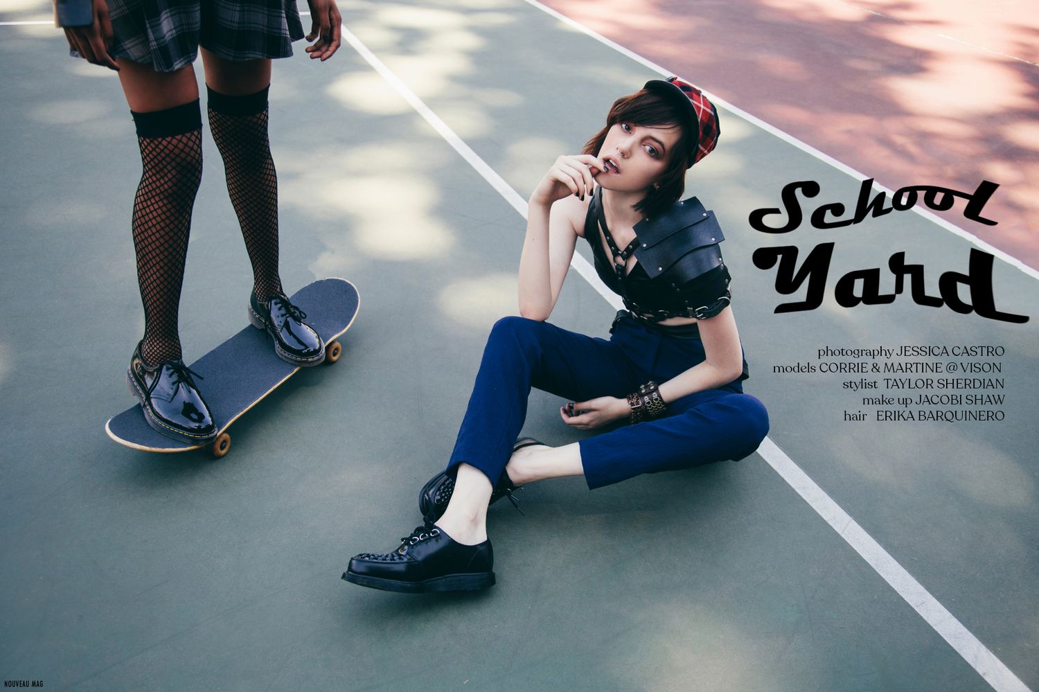 School yard scene with skateboarders on a court during sunset, showing close up of casual shoes and skating gear.