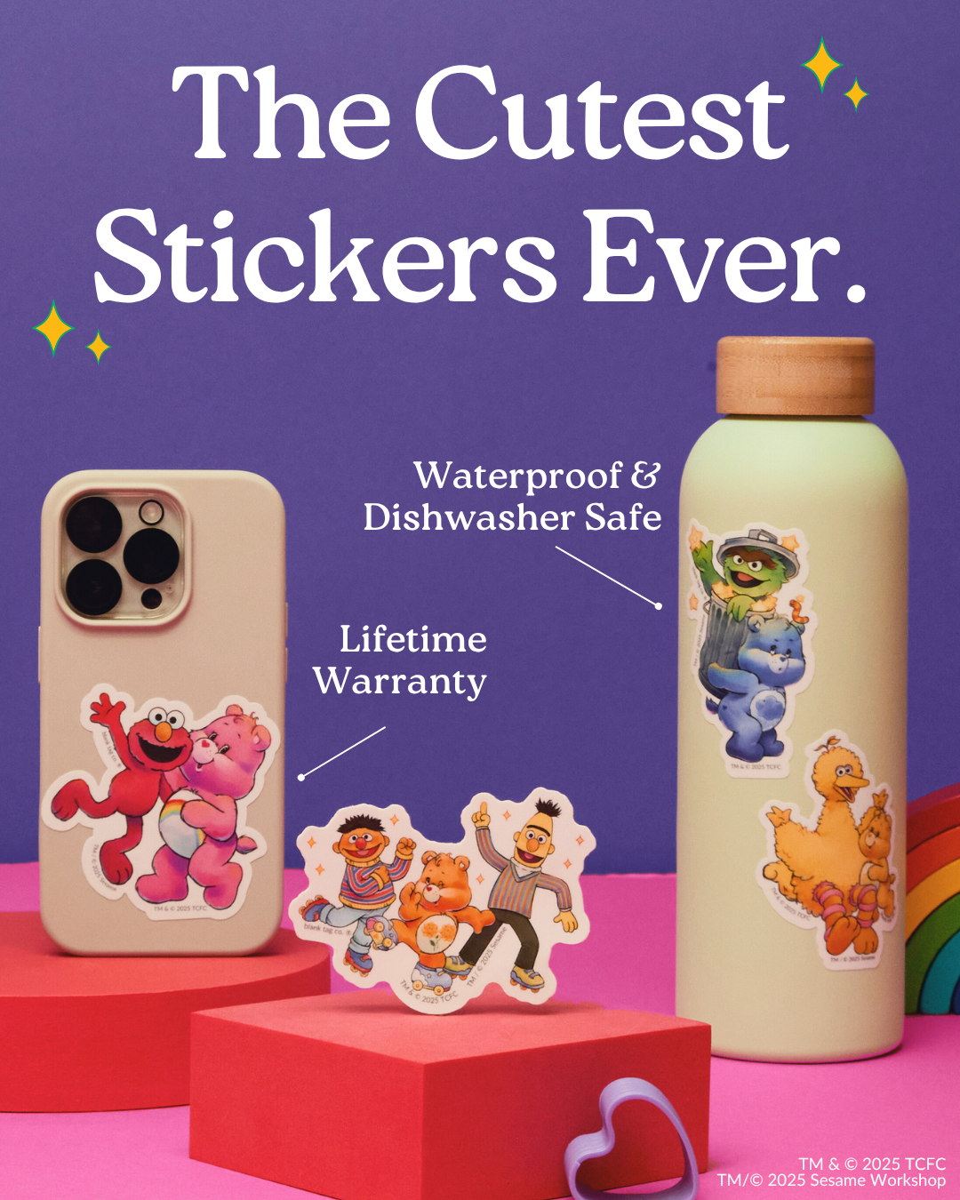 Promotional image for Sesame Street character stickers featuring waterproof and dishwasher safe designs on a purple background.