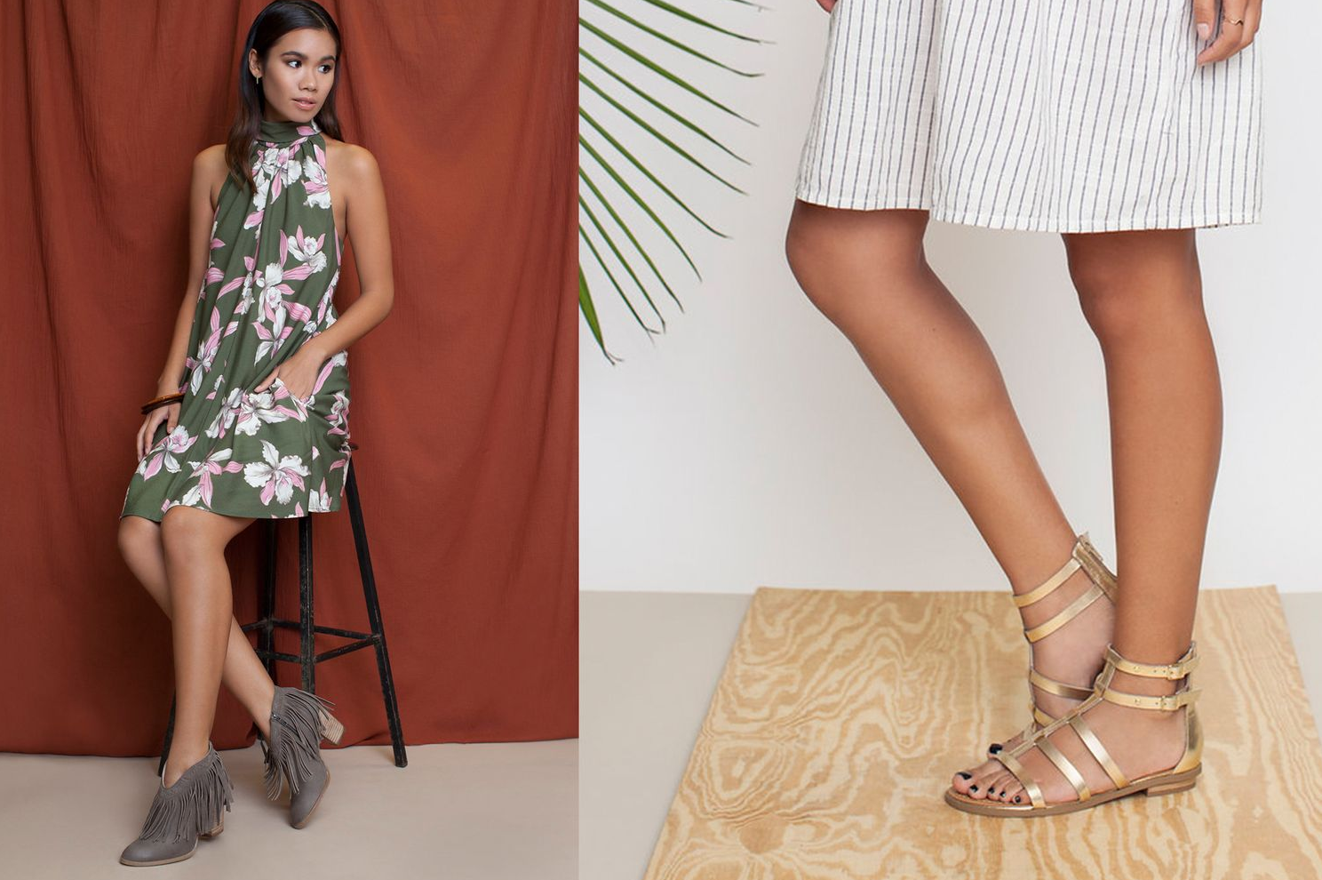 Fashion catalog spread showing floral dress and sandal combinations.