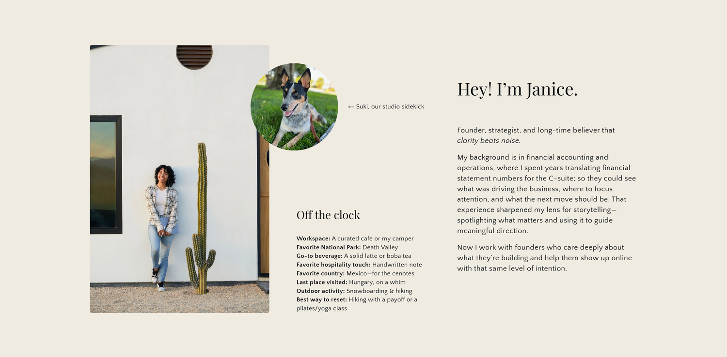 A series of minimalist website design mockups showing clean layouts with text and white space.