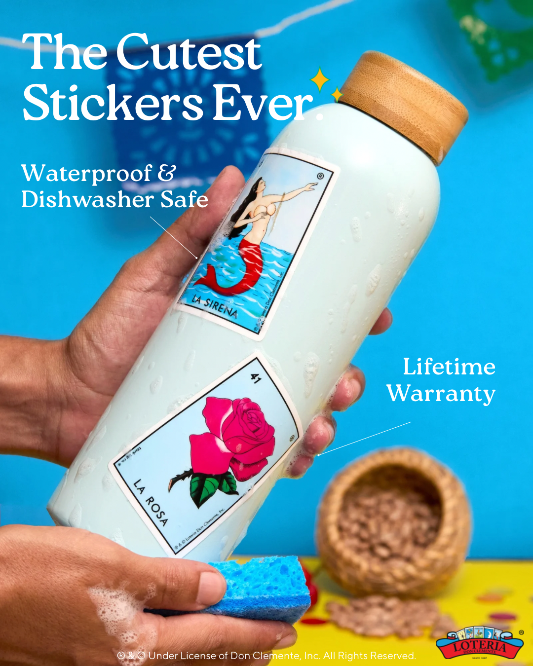 Multiple views of white bottles with colorful stickers alongside vibrant marketing text about waterproof stickers.