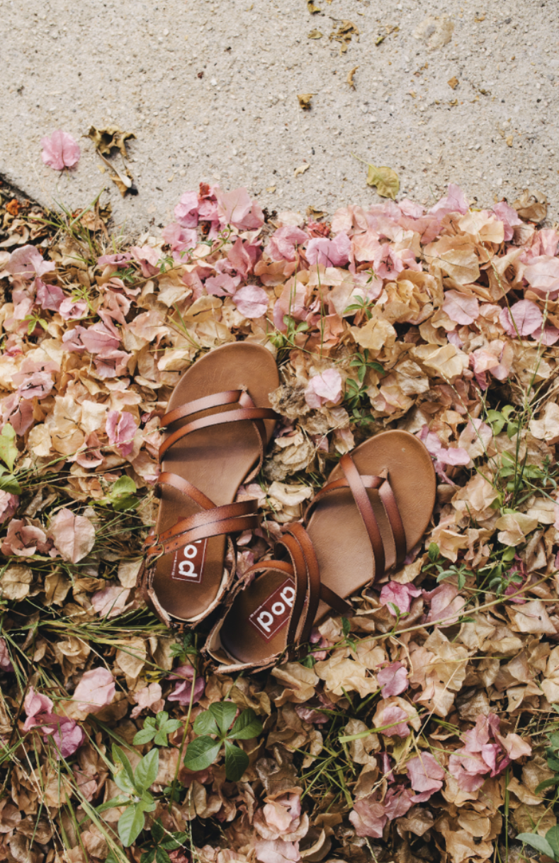 Brown leather sandals lying on dried pink flower petals scattered on concrete ground.