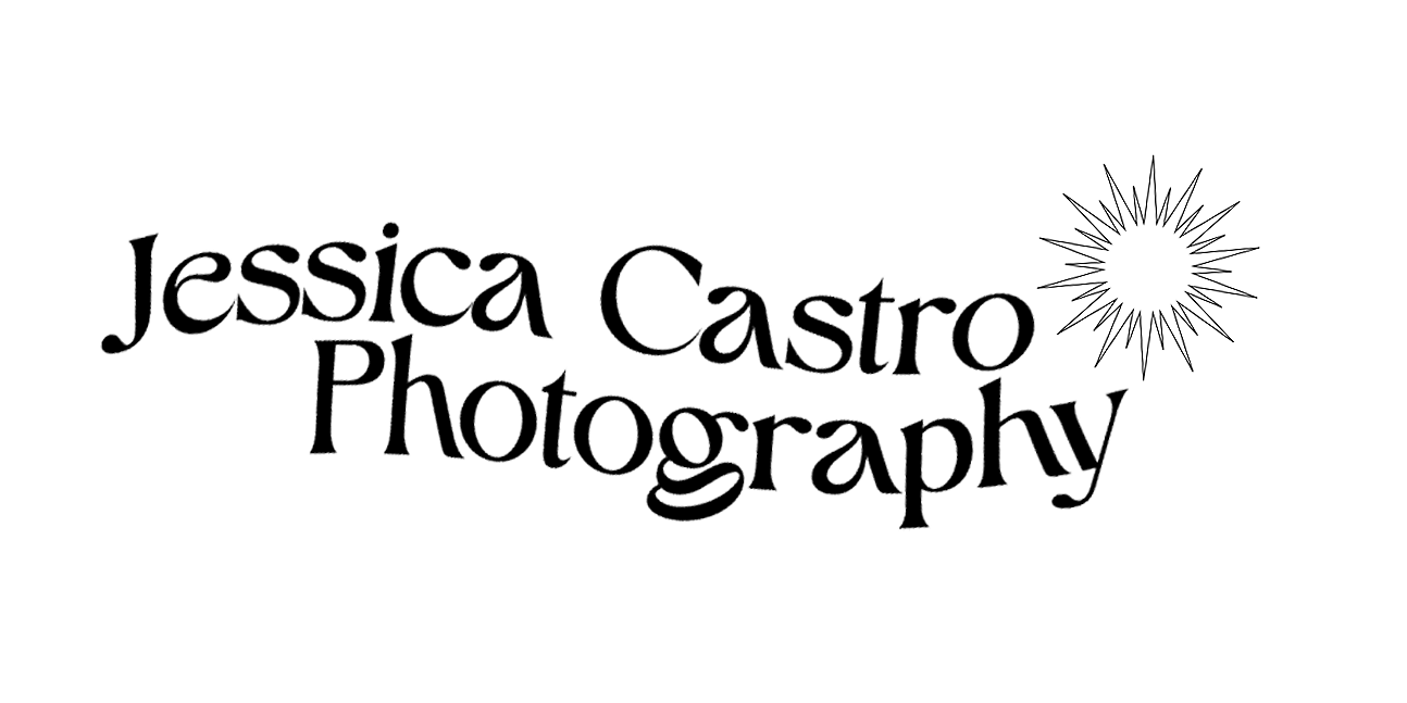 A photography logo for Jessica Castro featuring handwritten text and decorative sun motifs in black and white.