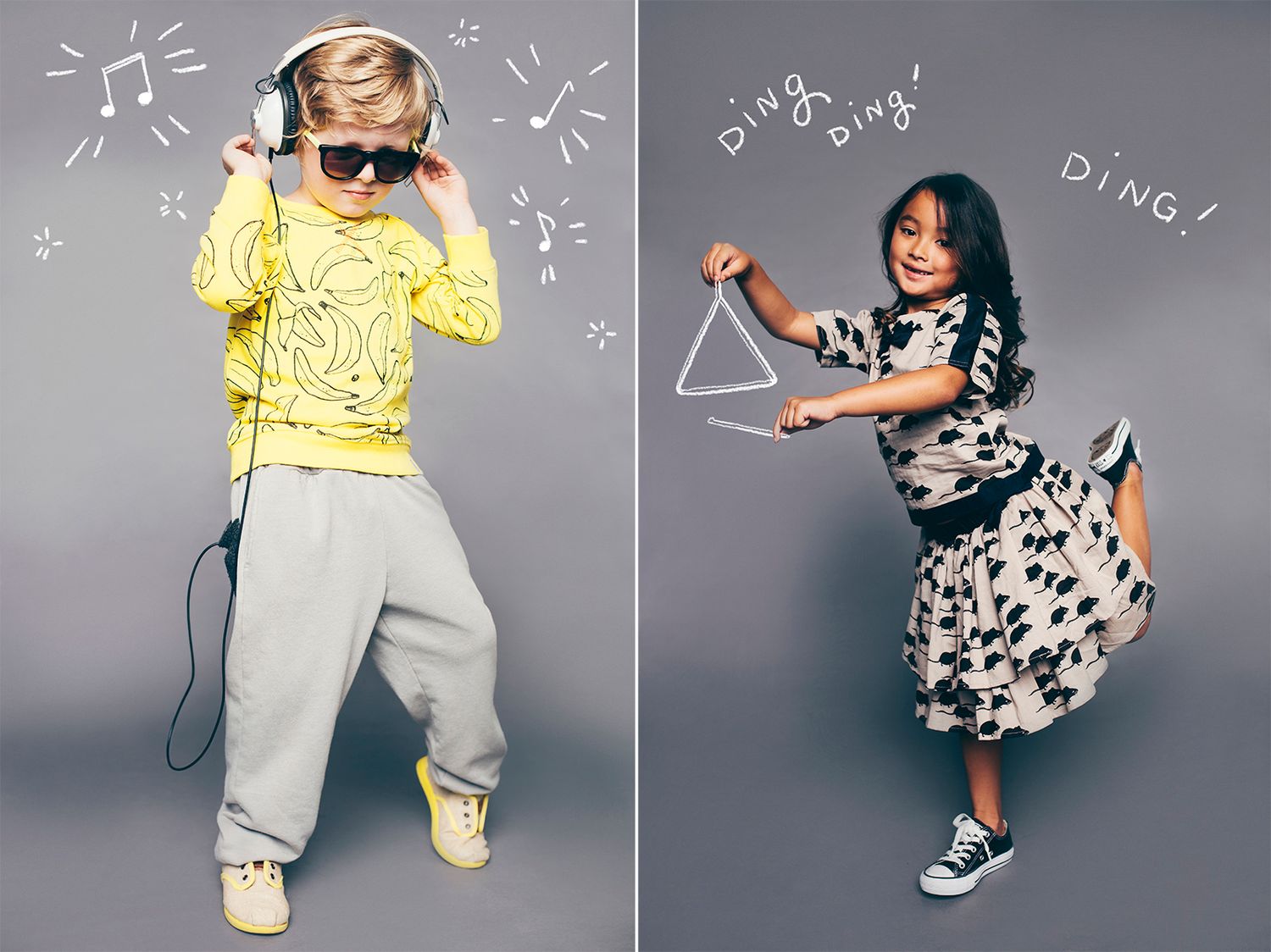 Two people pose playfully against a gray background with hand-drawn doodles, one in yellow and one in a patterned dress.