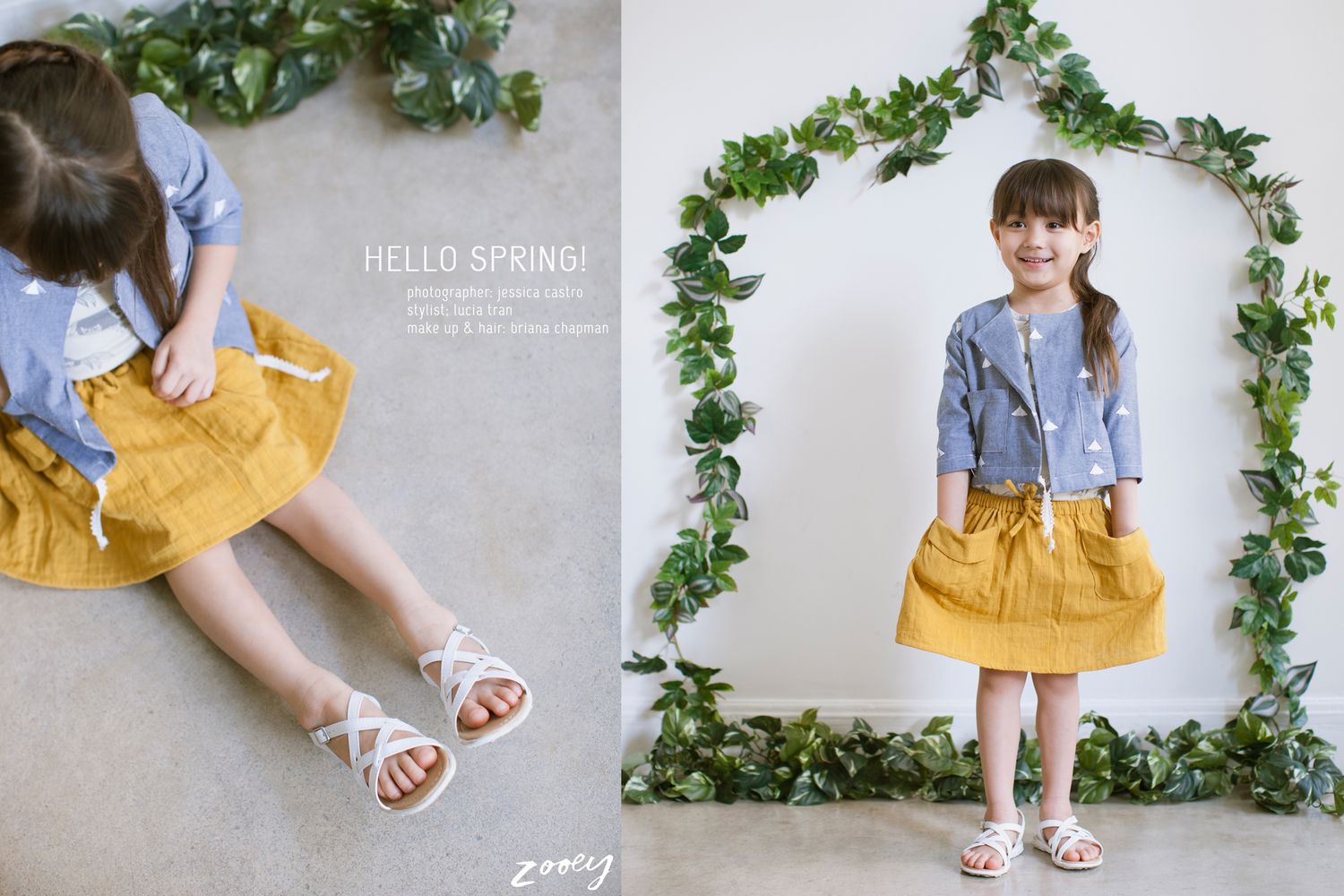 Small child wearing blue denim top and yellow skirt poses by leafy green arch while sandals detail shows in separate shot.