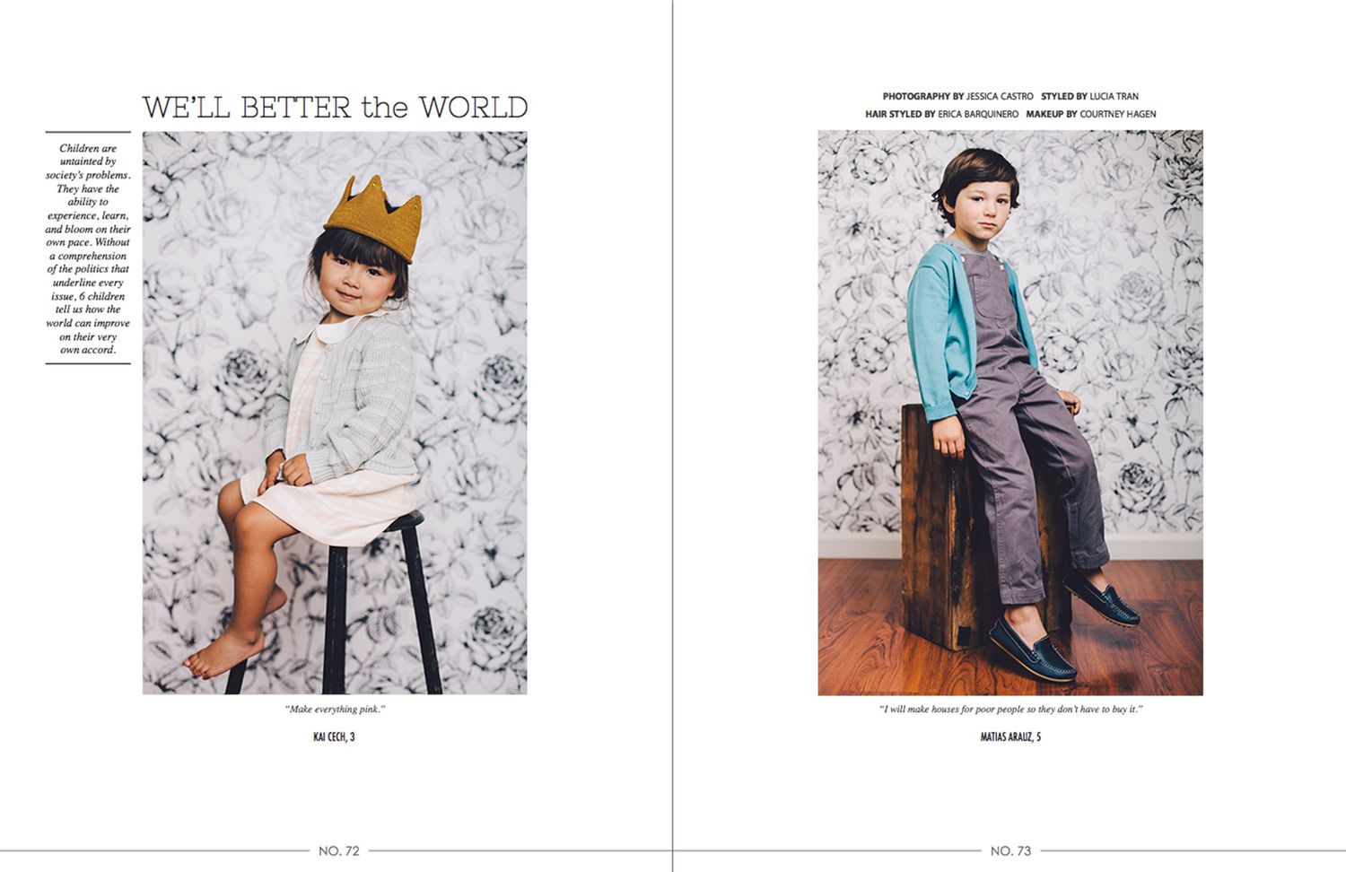 Two magazine pages showing editorial fashion photography with floral wallpaper backgrounds in soft neutral tones.