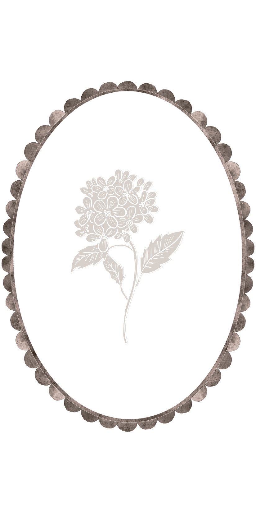 Elegant oval scalloped frame with a delicate watercolor hydrangea flower illustration in soft gray tones.