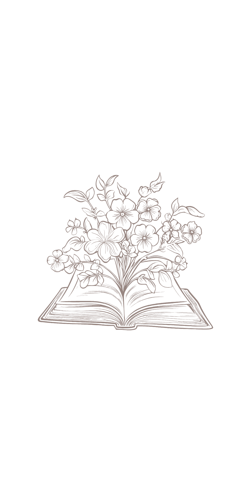 Minimalist line art drawing of an open book with flowers blooming from its pages on white background.