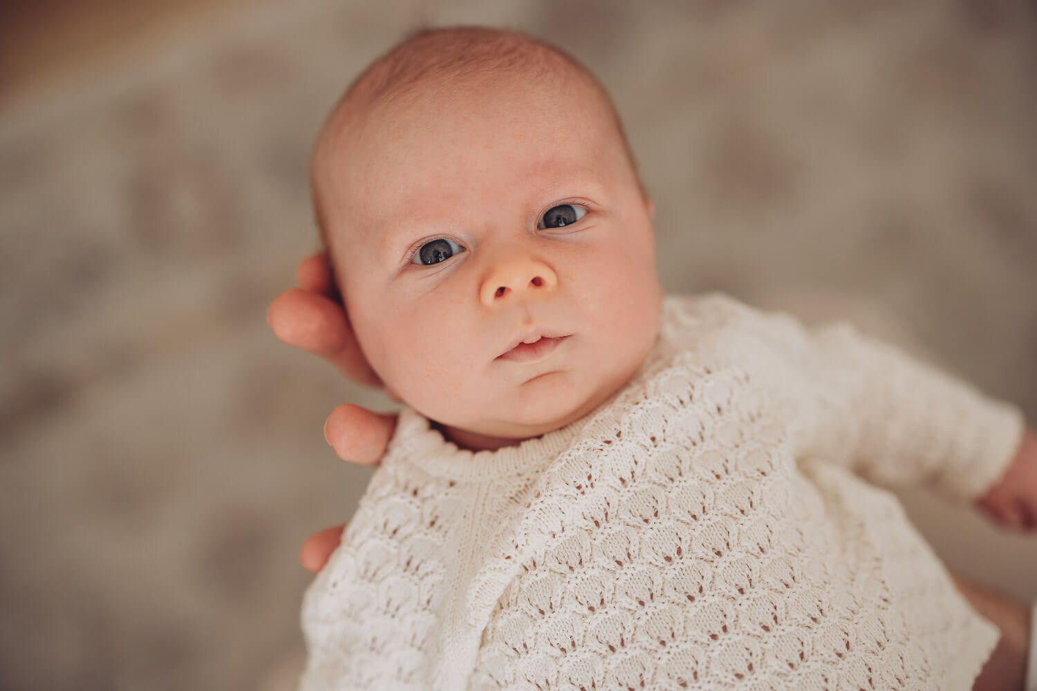 Zartes Babyportrait im Fotostudio Braunschweig mit weichem Licht und ruhigem Blick des Neugeborenen
