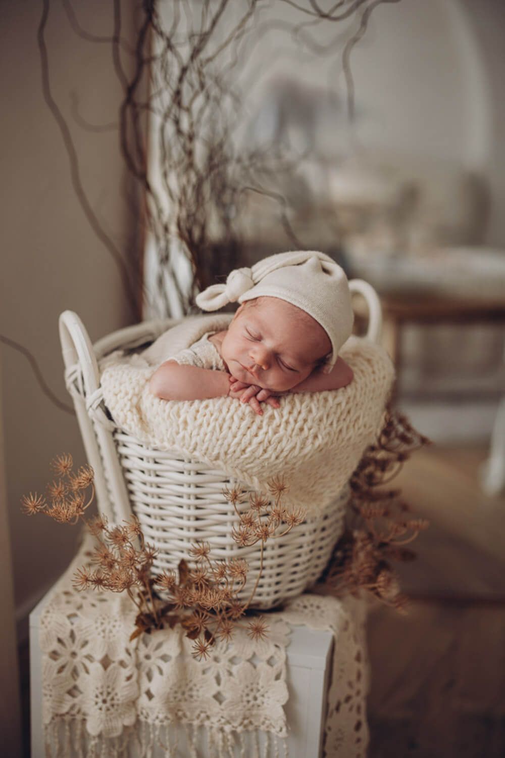 Newborn Fotos in Peine – schlafendes Baby in einem weißen Korb mit natürlicher Boho Dekoration fotografiert