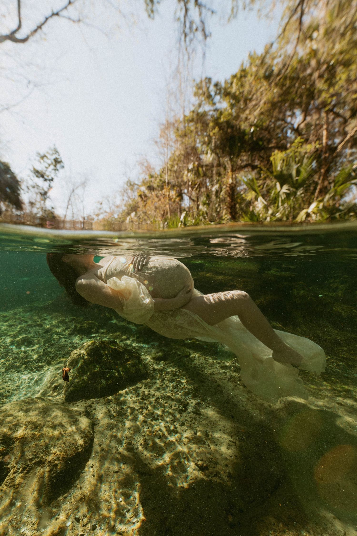 Person snorkeling underwater in a clear natural spring surrounded by rocks and lush green trees above the surface.